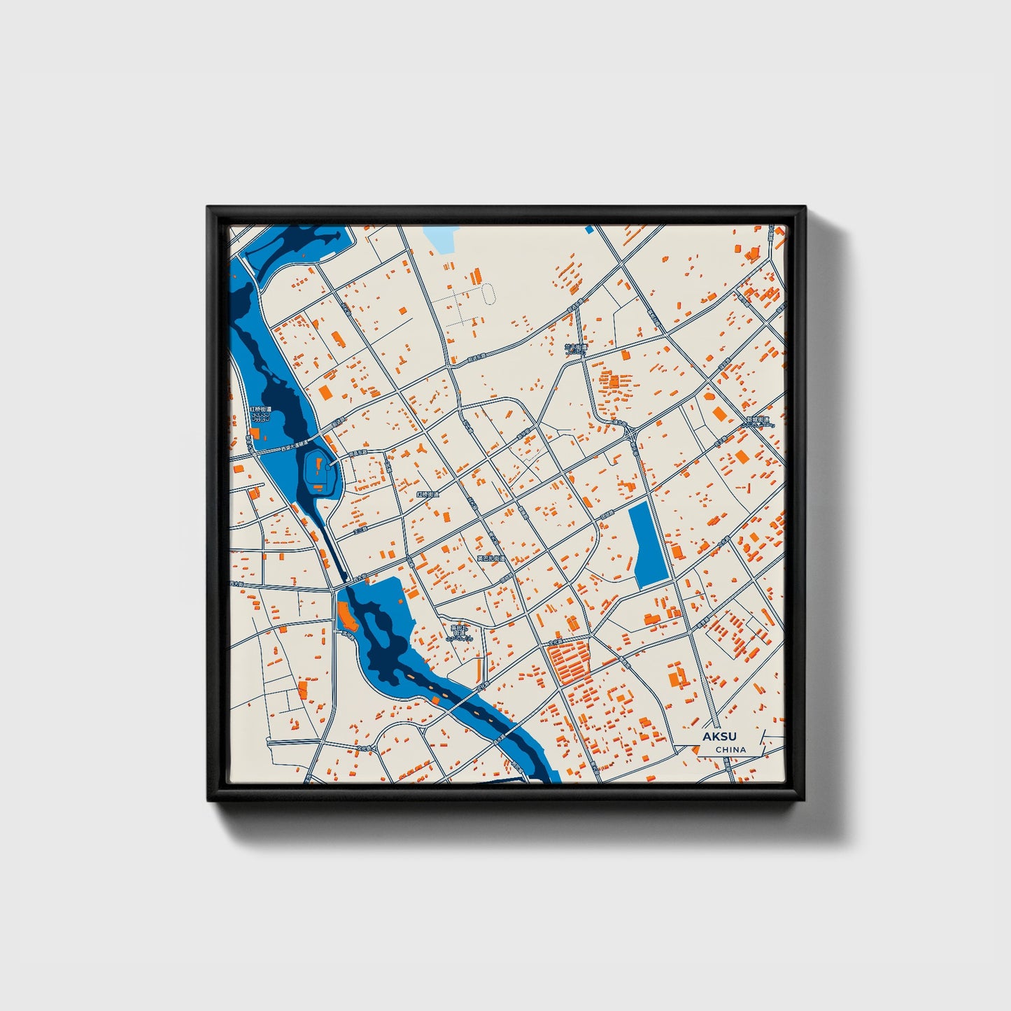 Aksu China Colorful City Map Canvas Print • Black Framed