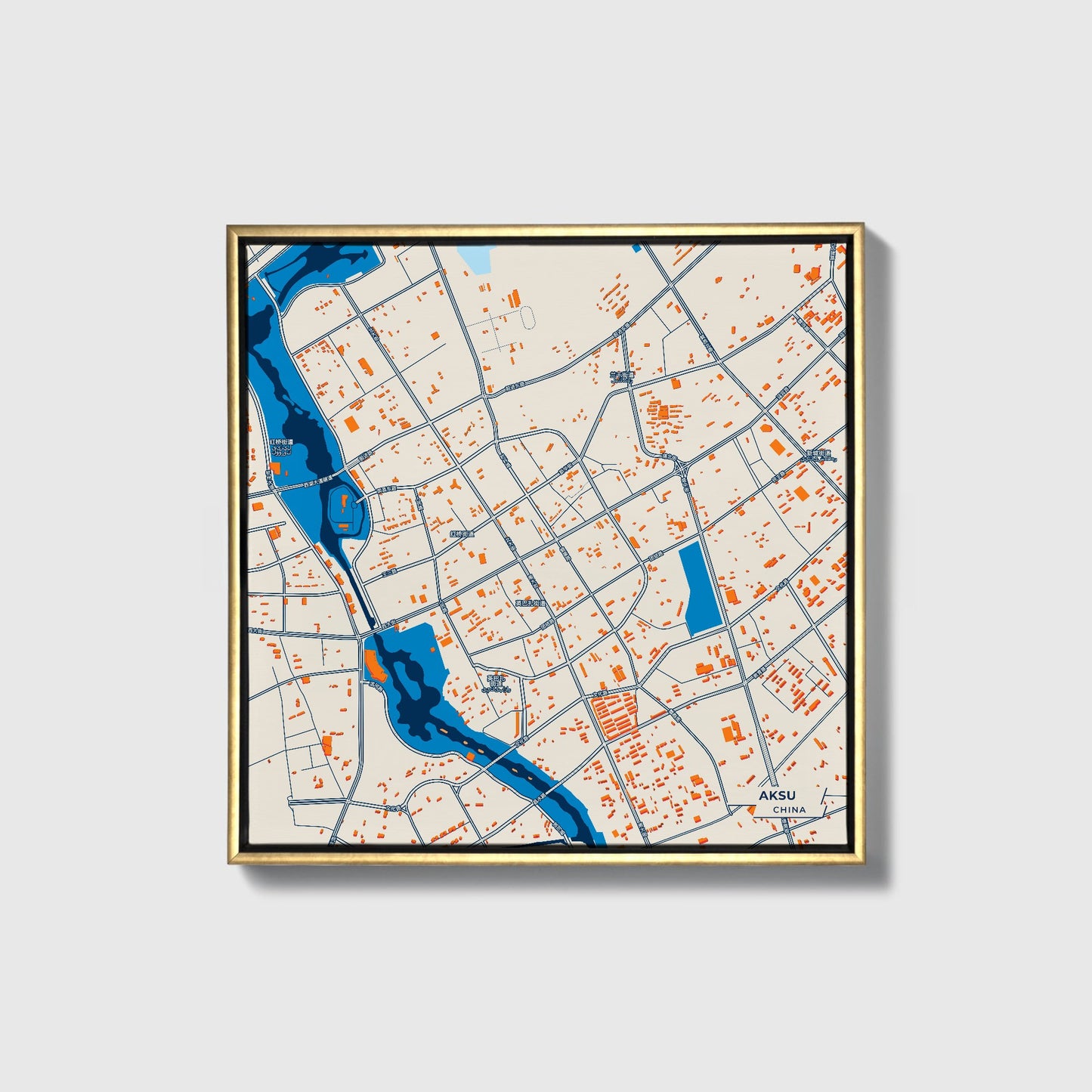 Aksu China Colorful City Map Canvas Print • Gold Framed