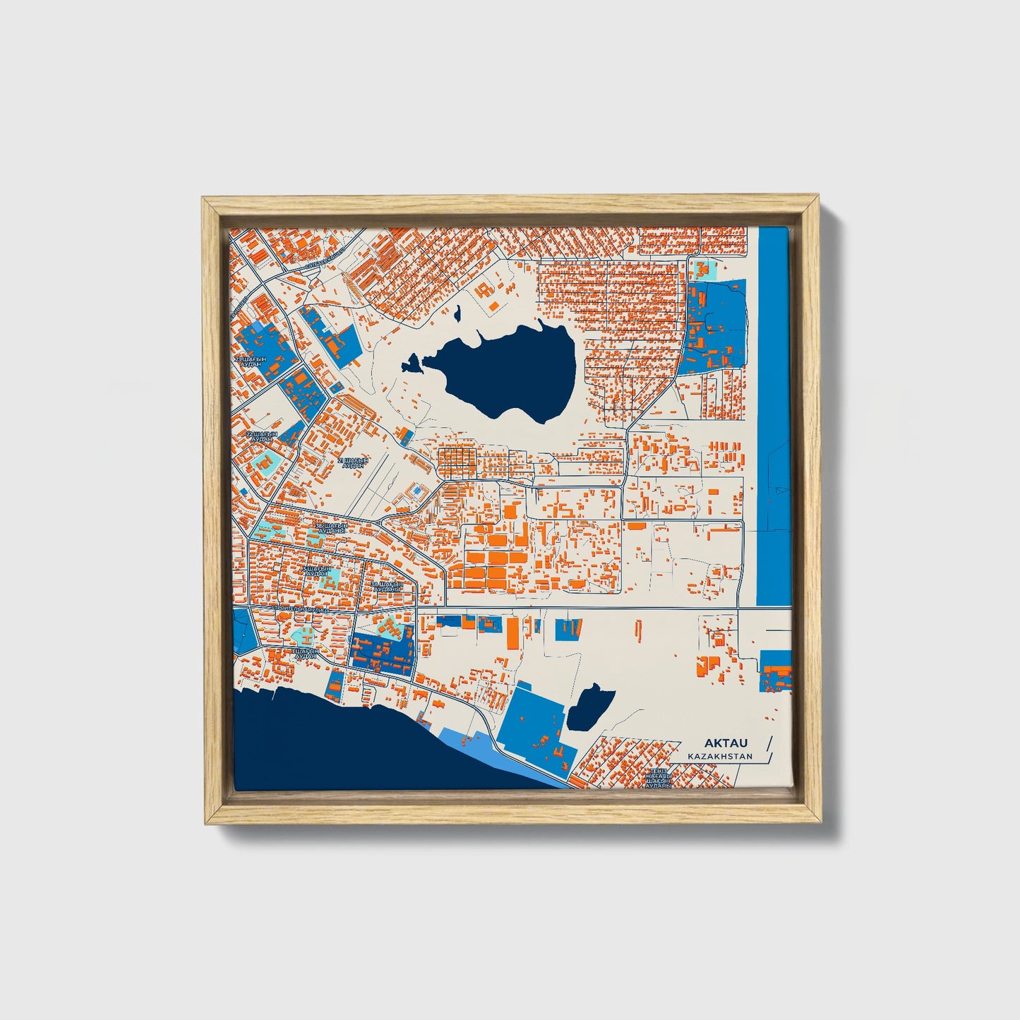 Aktau Kazakhstan Colorful City Map Canvas Print • Natural Wooden Framed