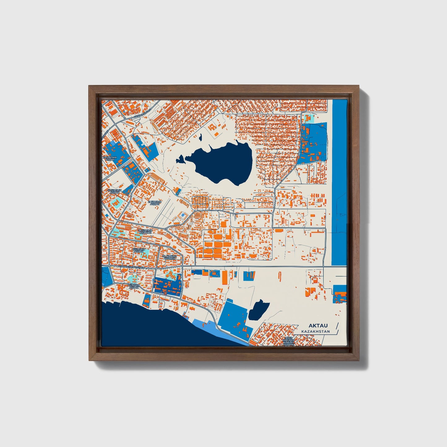 Aktau Kazakhstan Colorful City Map Canvas Print • Dark Wooden Framed