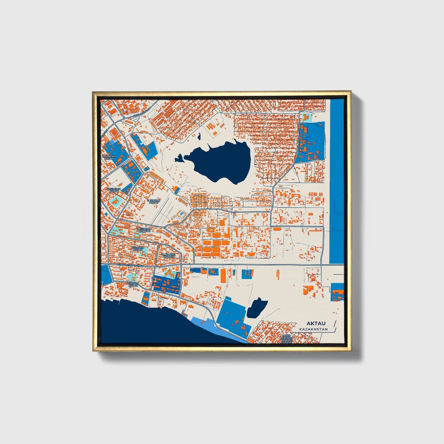 Aktau Kazakhstan Colorful City Map Canvas Print • Gold Framed