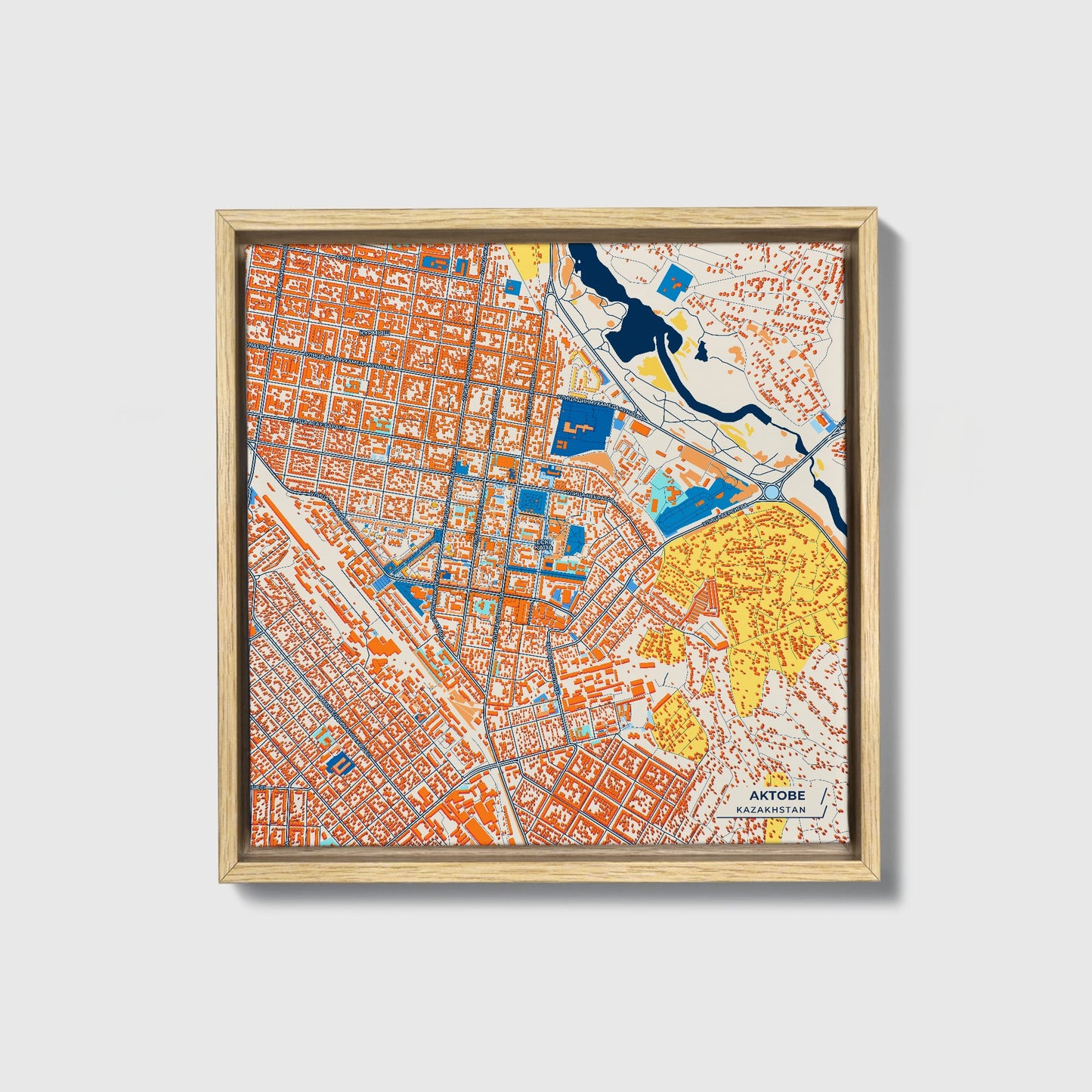 Aktobe Kazakhstan Colorful City Map Canvas Print • Natural Wooden Framed