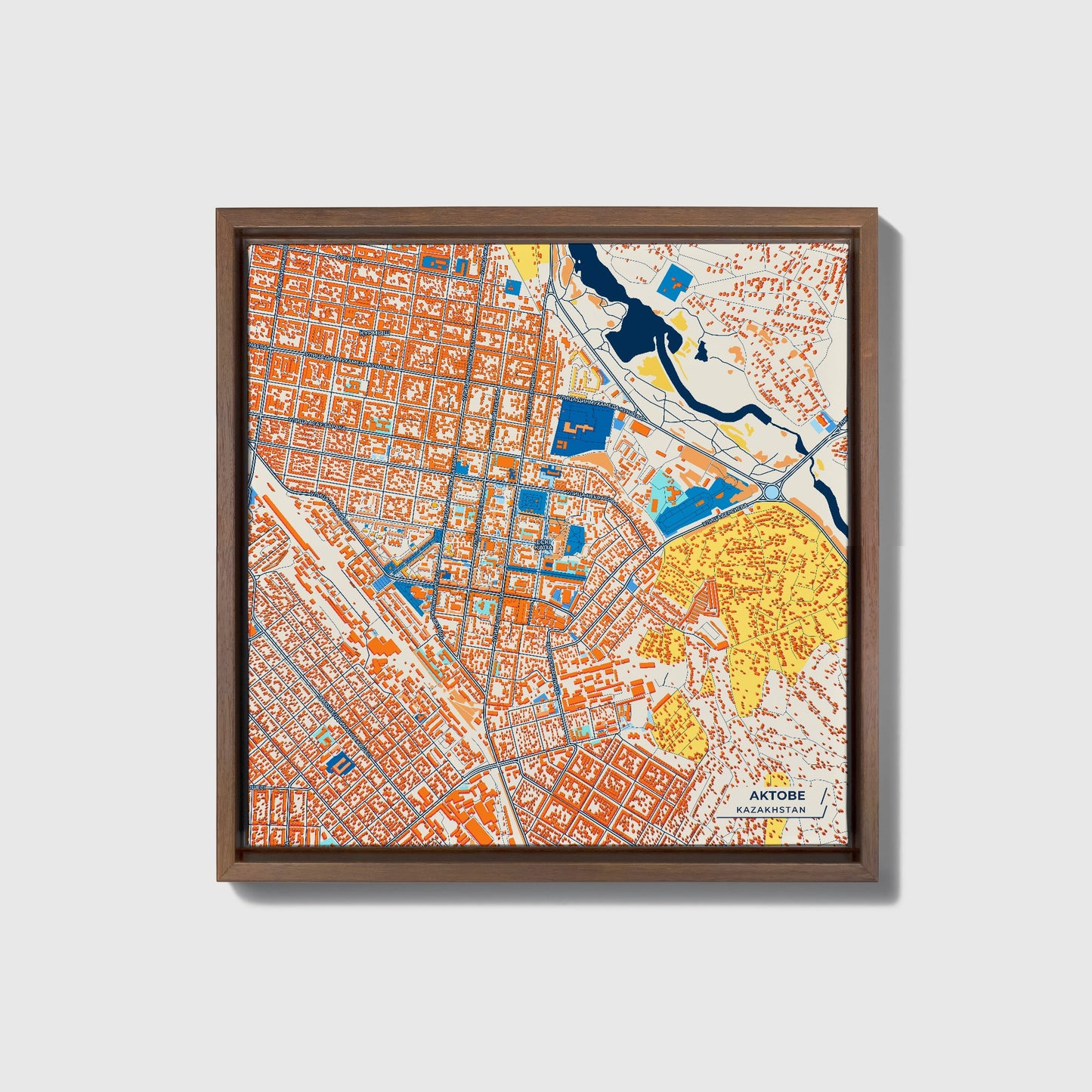 Aktobe Kazakhstan Colorful City Map Canvas Print • Dark Wooden Framed