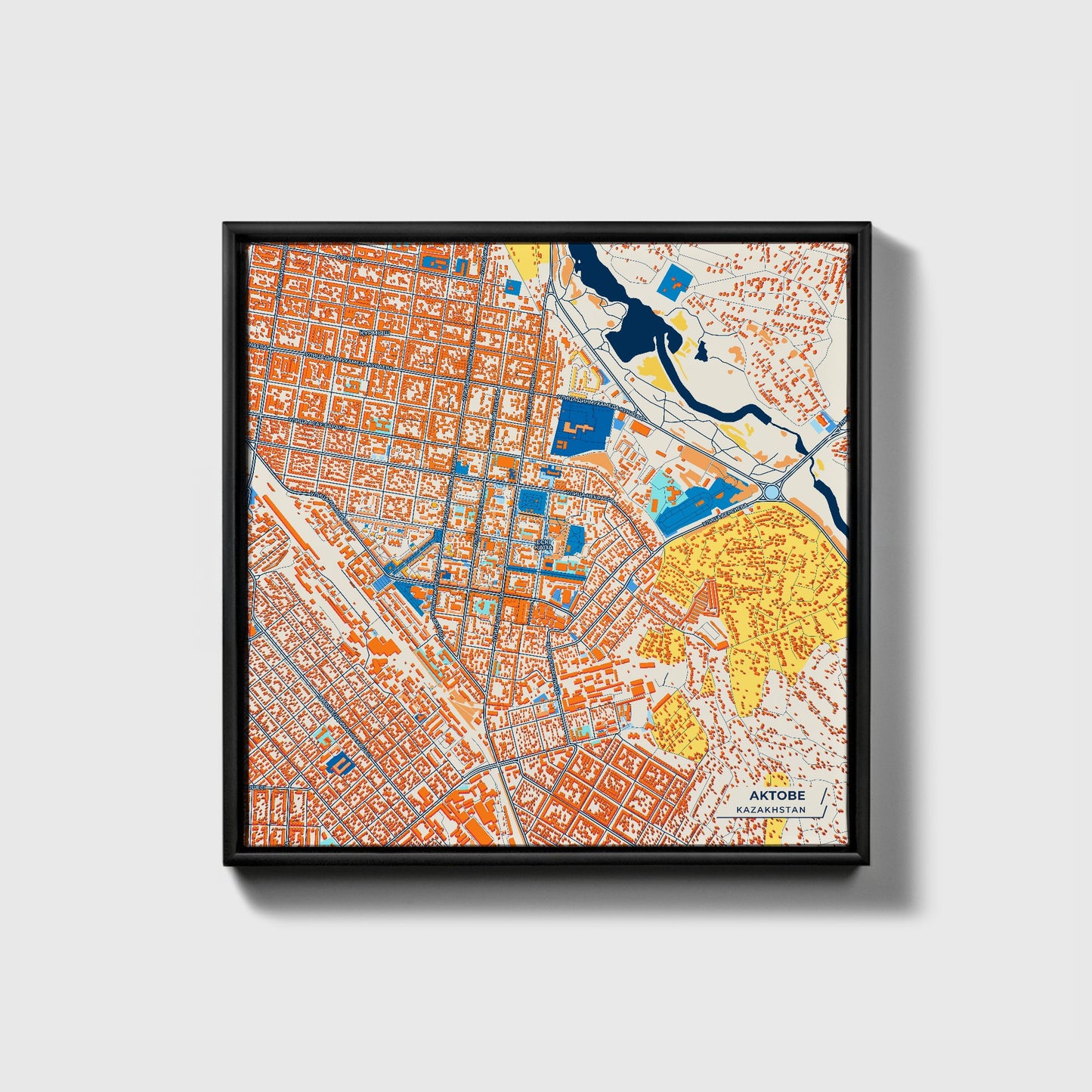 Aktobe Kazakhstan Colorful City Map Canvas Print • Black Framed