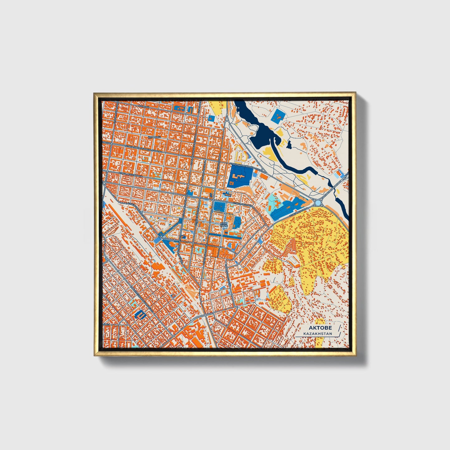 Aktobe Kazakhstan Colorful City Map Canvas Print • Gold Framed