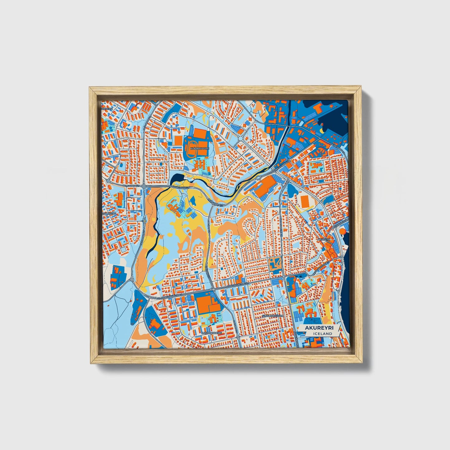 Akureyri Iceland Colorful City Map Canvas Print • Natural Wooden Framed