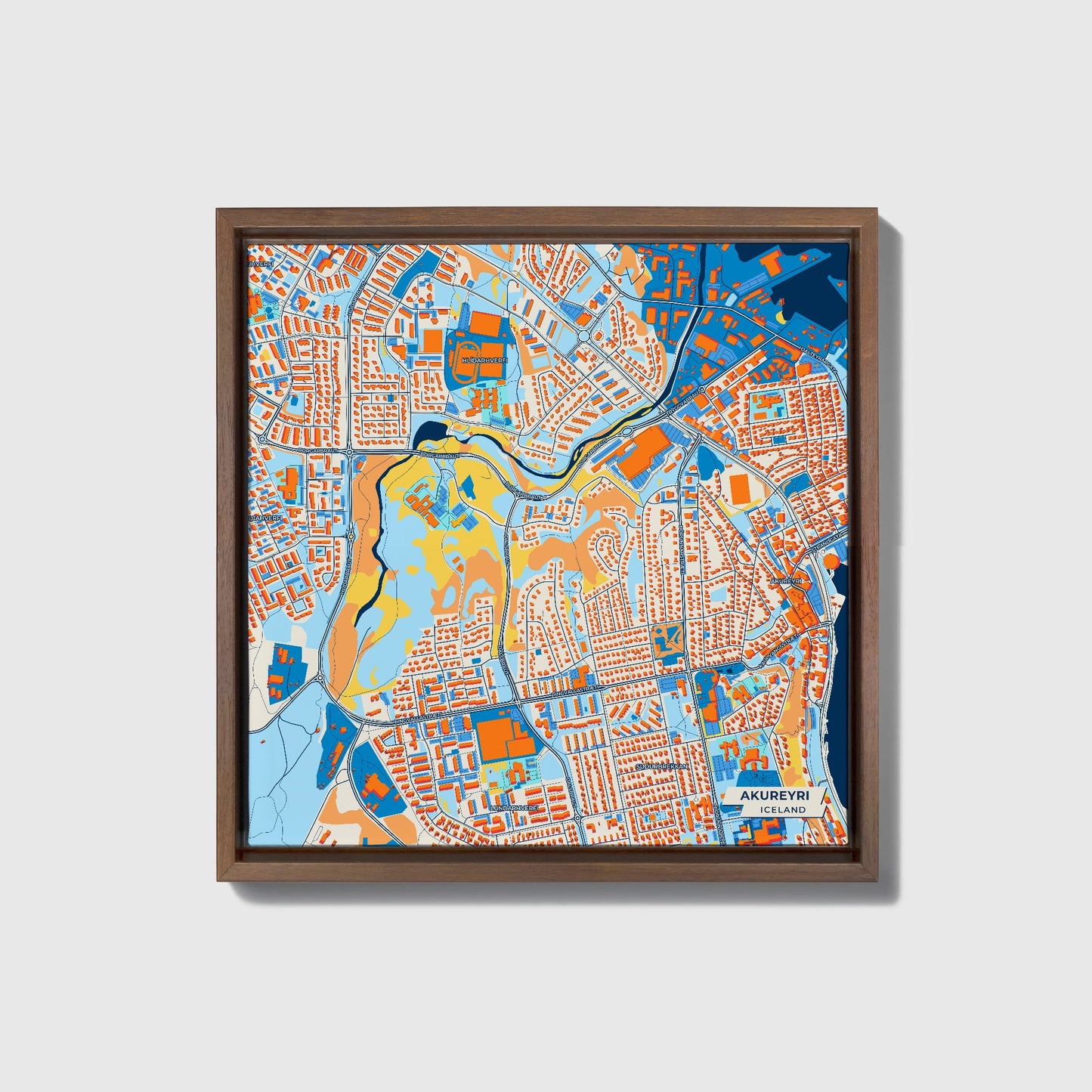 Akureyri Iceland Colorful City Map Canvas Print • Dark Wooden Framed