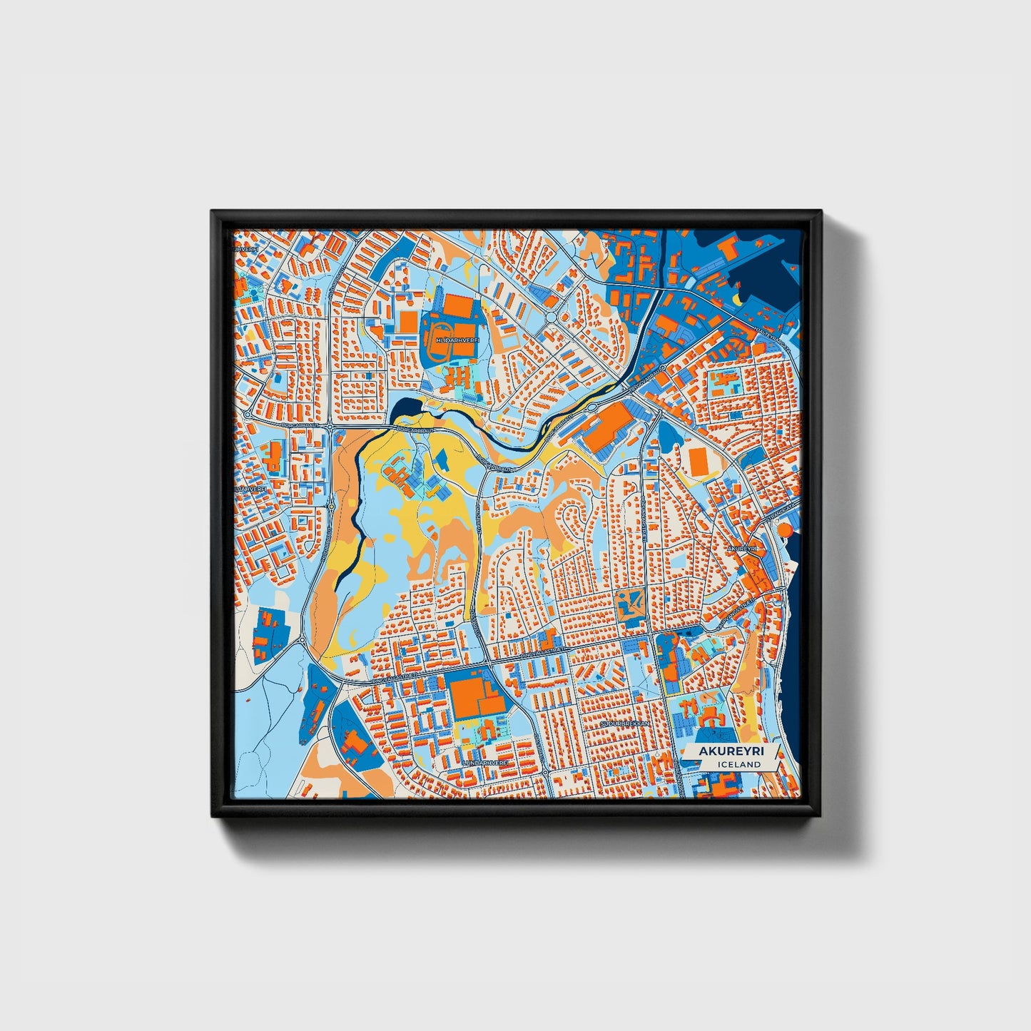 Akureyri Iceland Colorful City Map Canvas Print • Black Framed