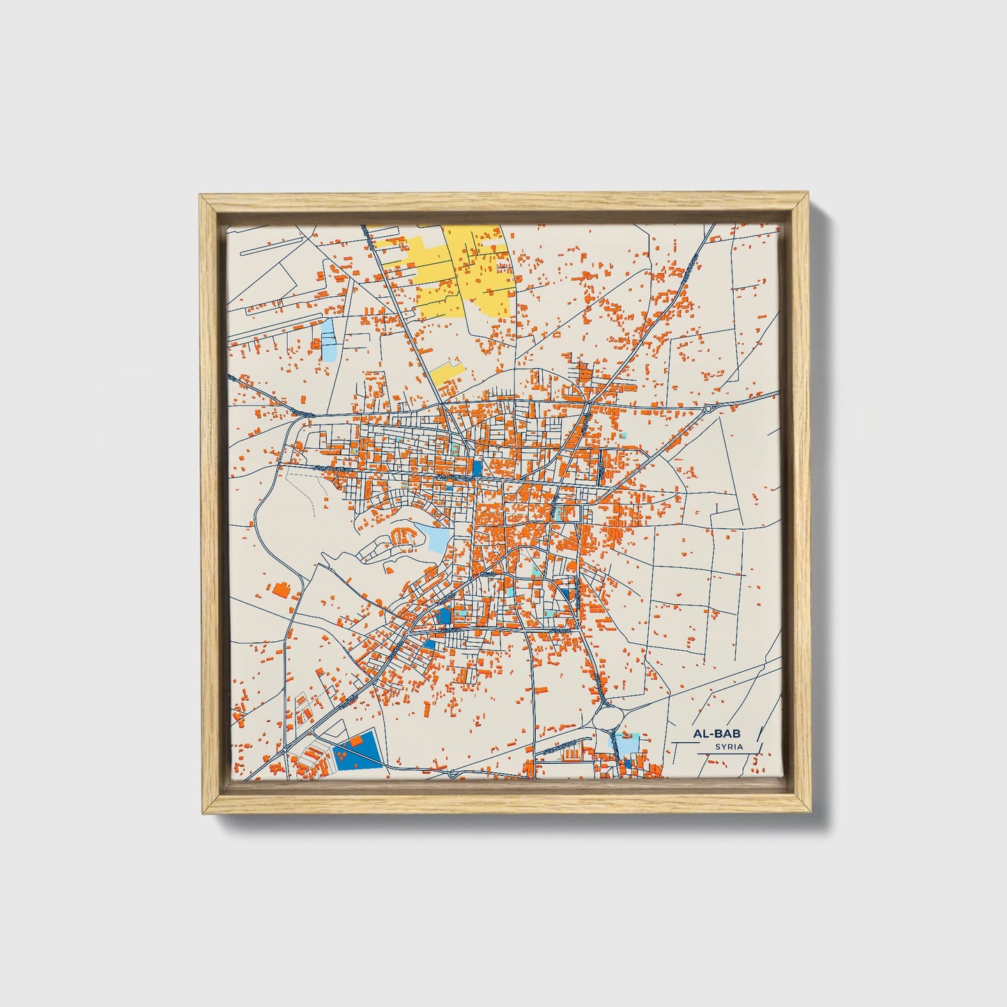 Al-Bab Syria Colorful City Map Canvas Print • Natural Wooden Framed