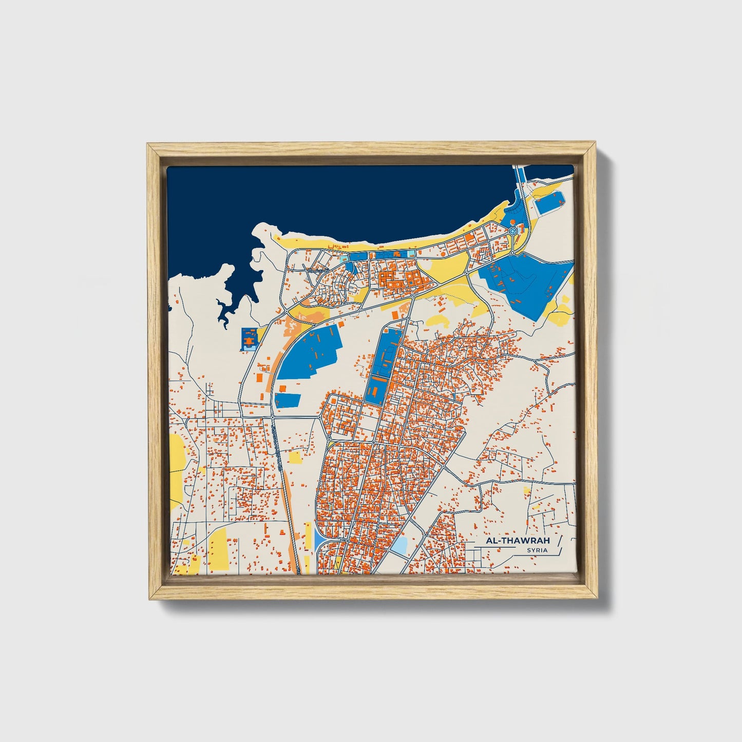 Al-Thawrah Syria Colorful City Map Canvas Print • Natural Wooden Framed
