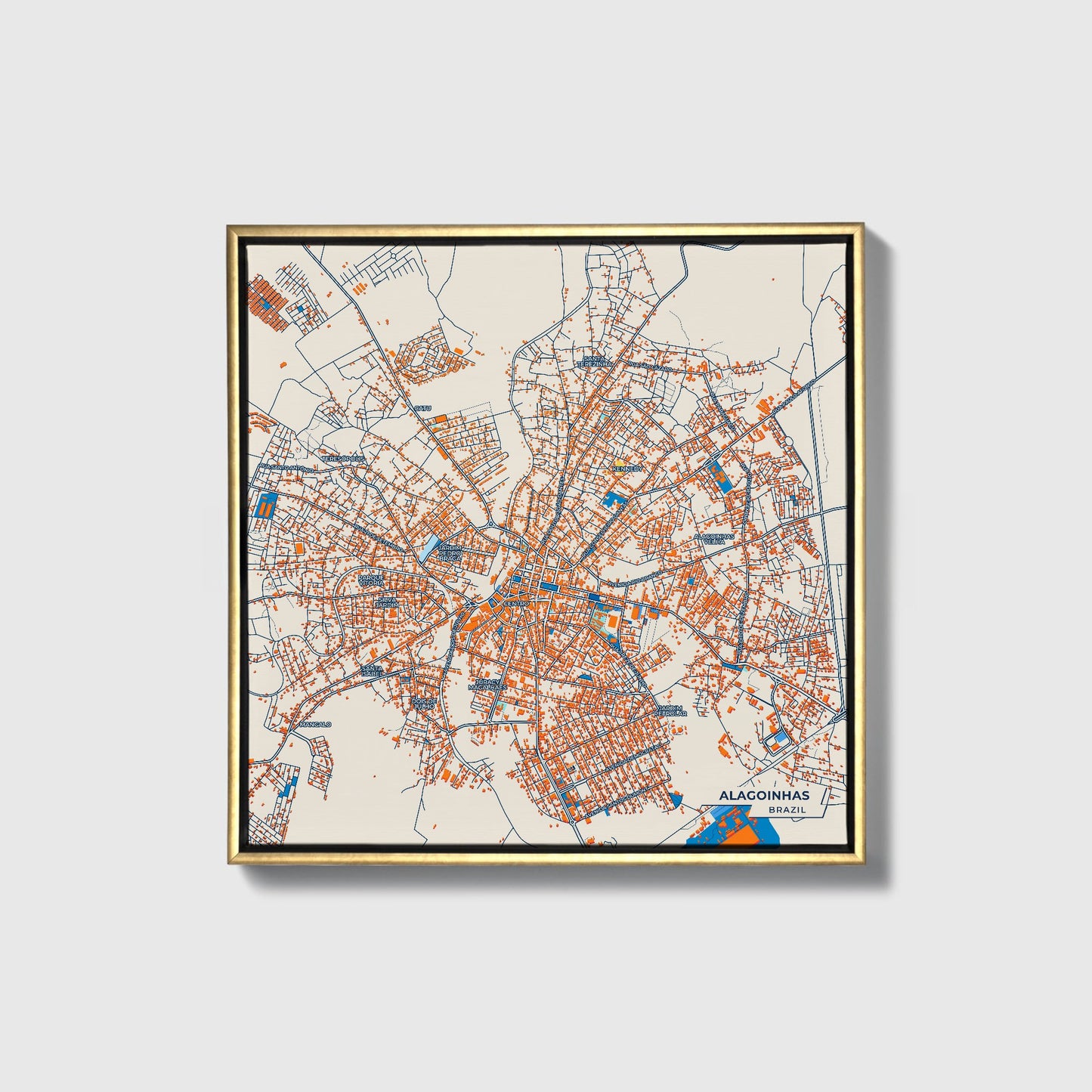 Alagoinhas Brazil Colorful City Map Canvas Print • Gold Framed