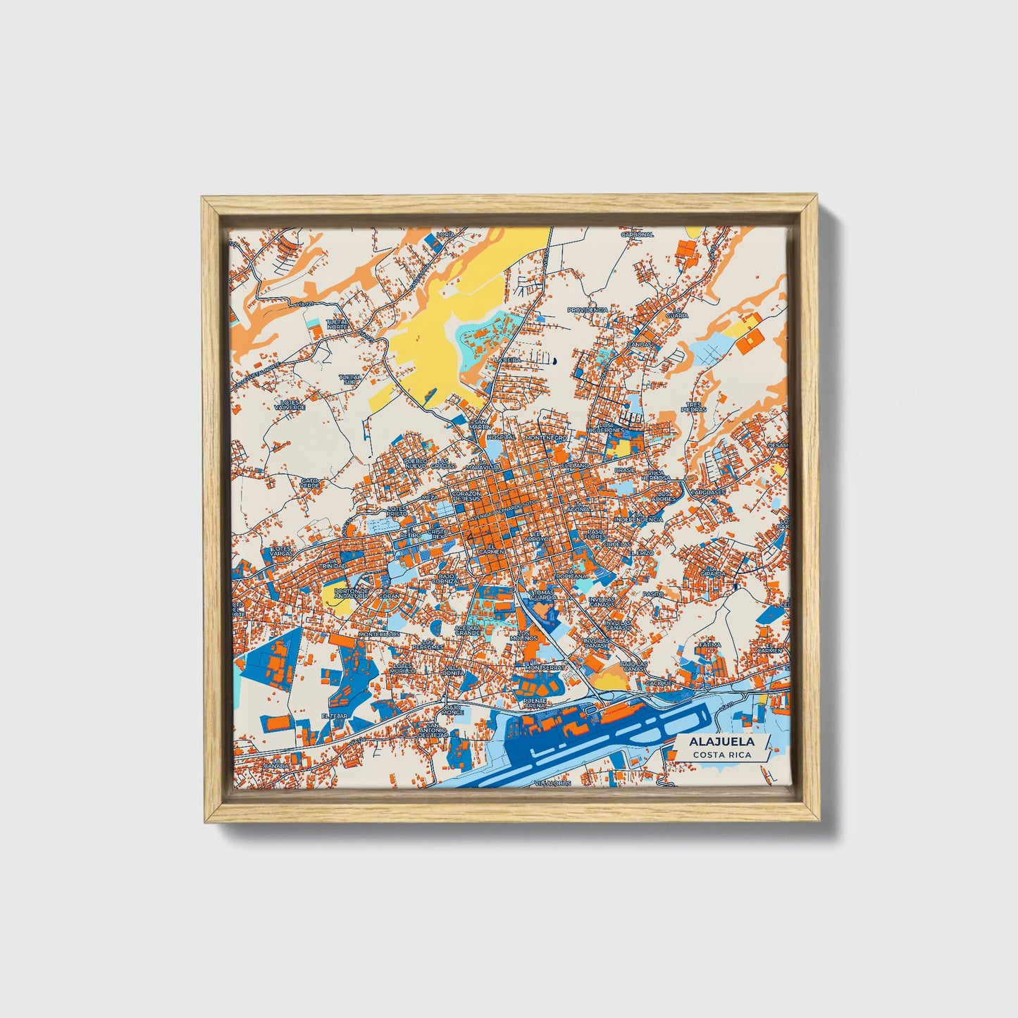 Alajuela Costa Rica Colorful City Map Canvas Print • Natural Wooden Framed