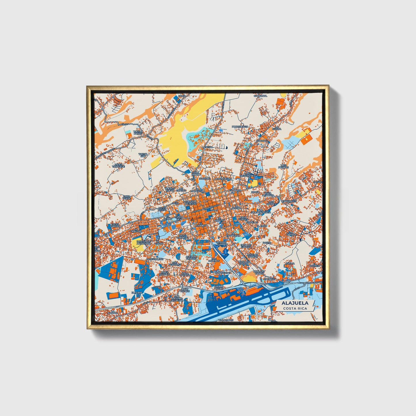 Alajuela Costa Rica Colorful City Map Canvas Print • Gold Framed