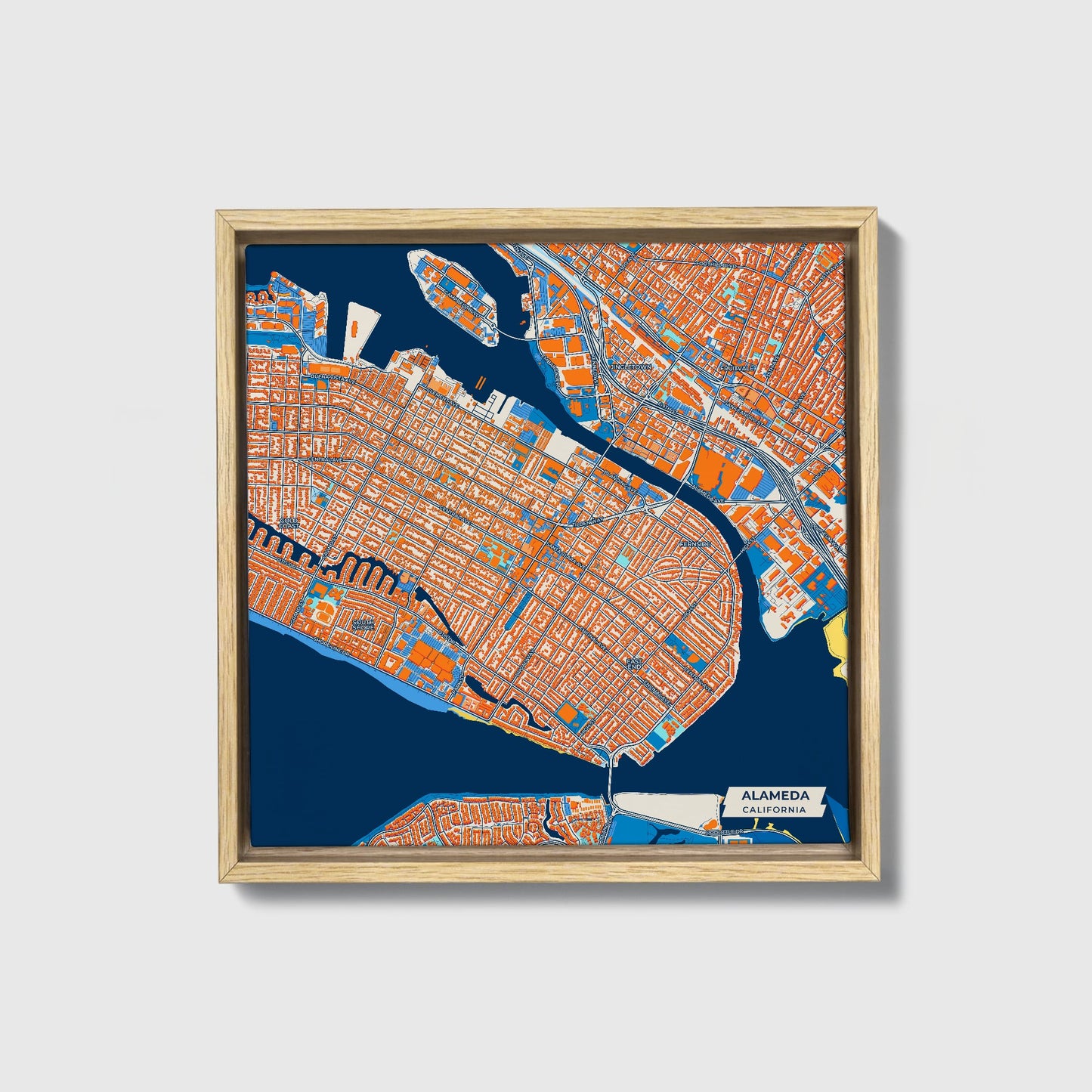 Alameda California Colorful City Map Canvas Print • Natural Wooden Framed