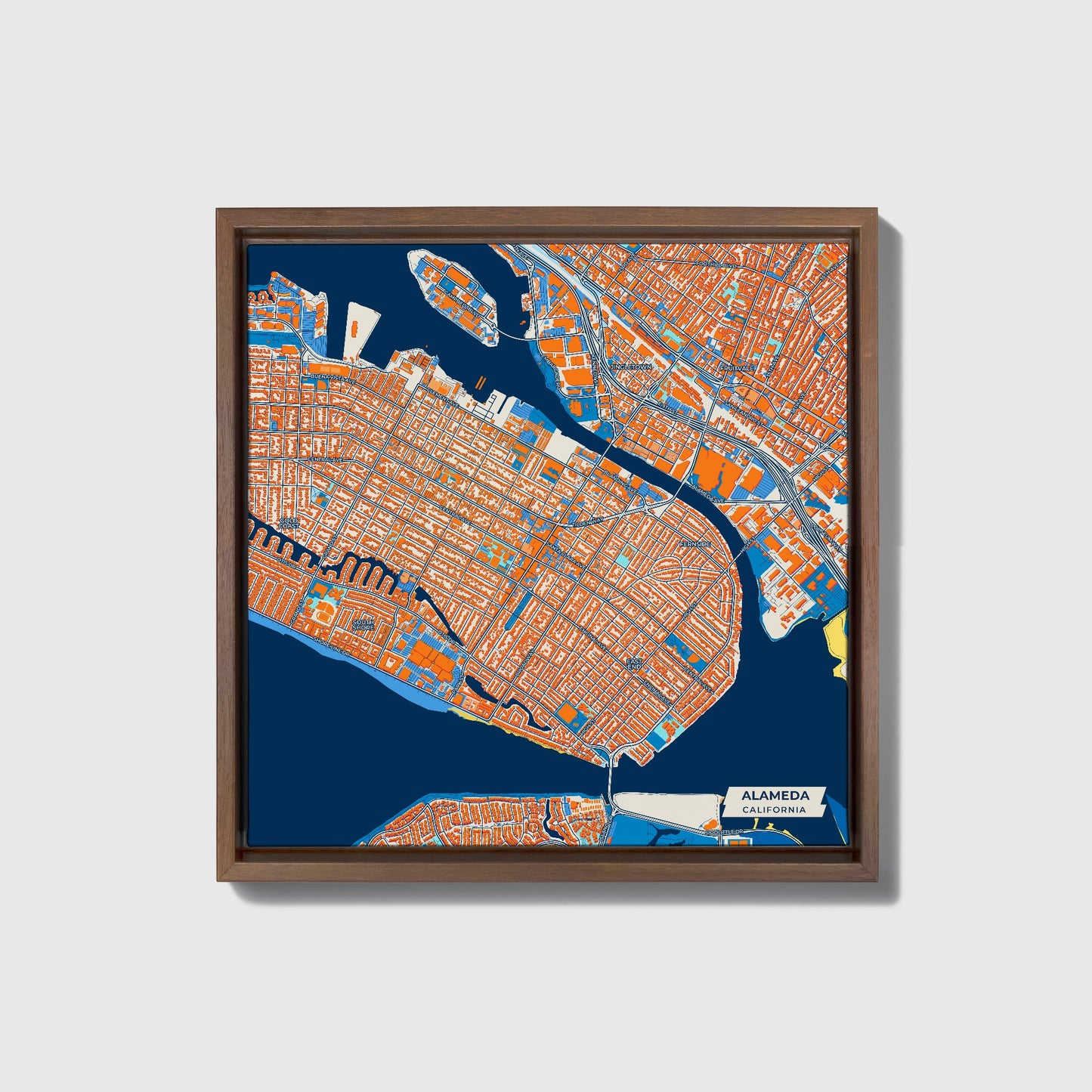 Alameda California Colorful City Map Canvas Print • Dark Wooden Framed