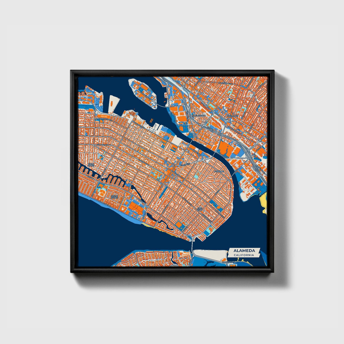 Alameda California Colorful City Map Canvas Print • Black Framed
