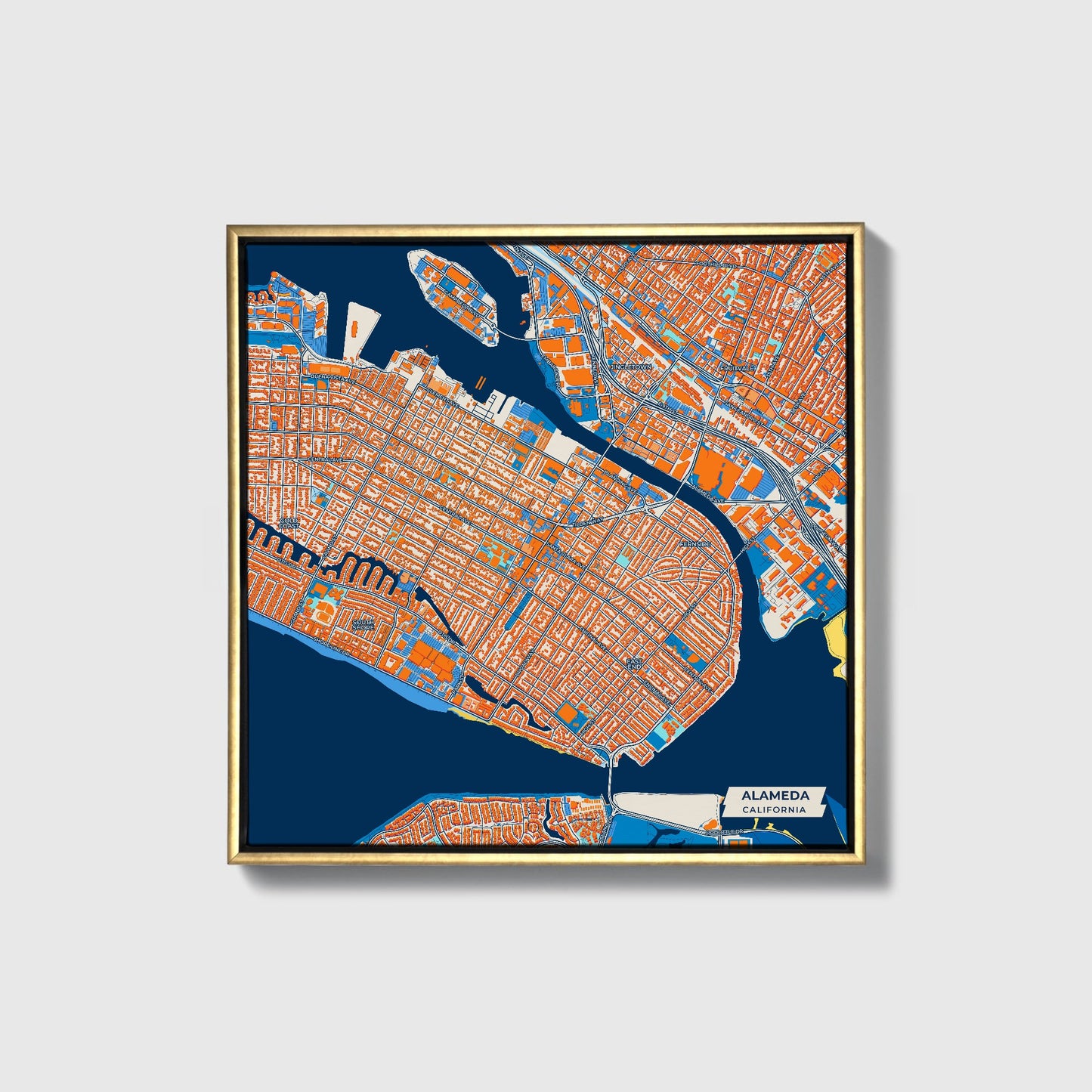 Alameda California Colorful City Map Canvas Print • Gold Framed