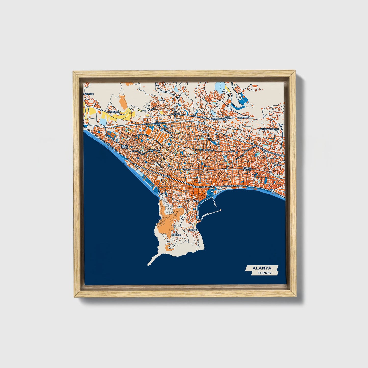 Alanya Turkey Colorful City Map Canvas Print • Natural Wooden Framed