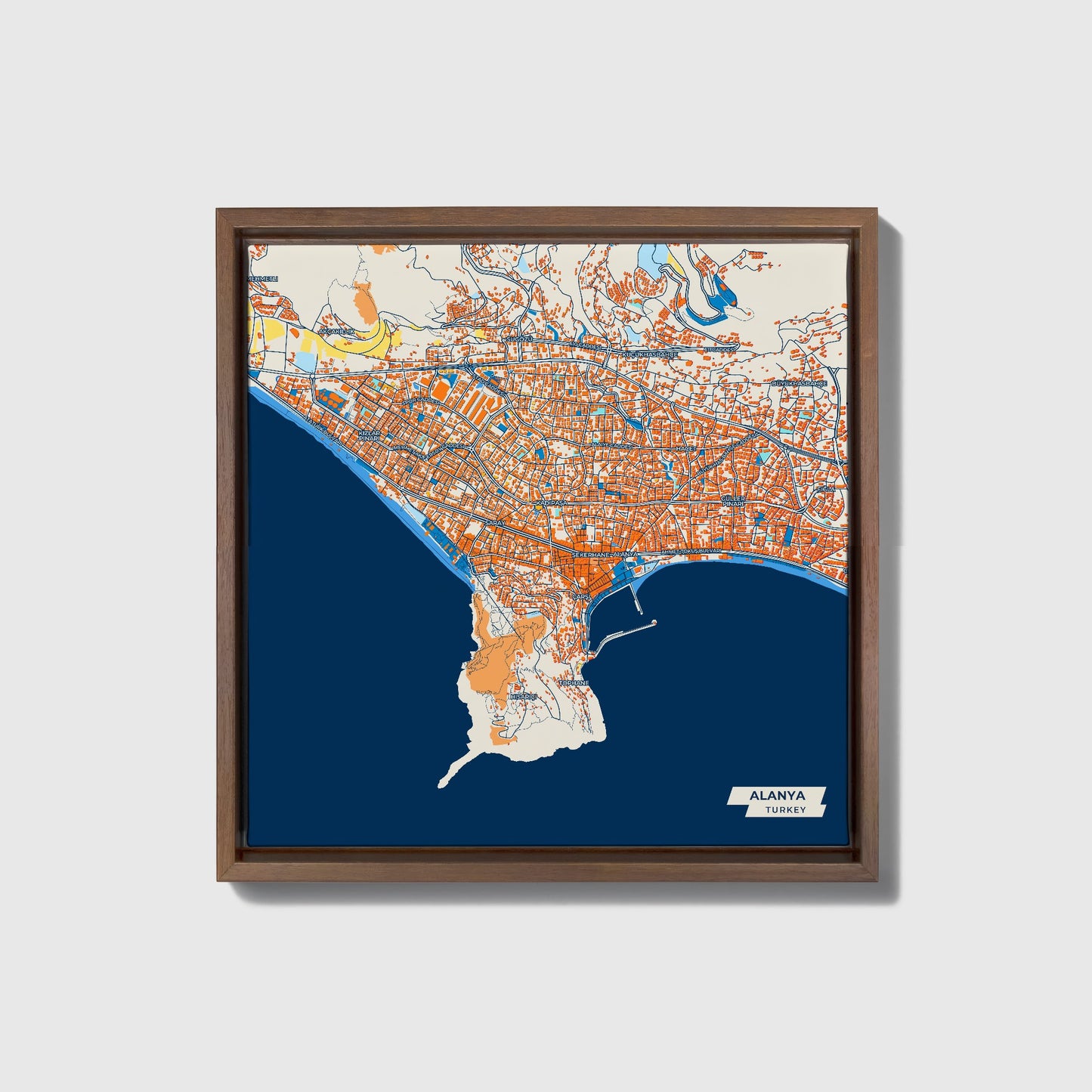 Alanya Turkey Colorful City Map Canvas Print • Dark Wooden Framed