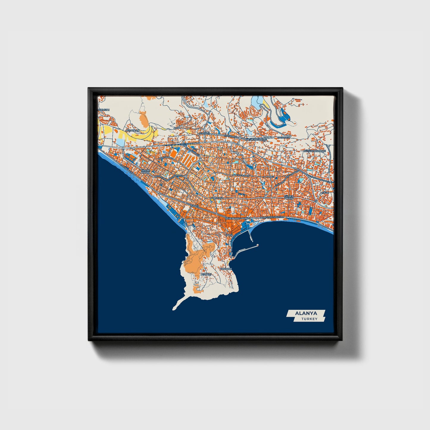 Alanya Turkey Colorful City Map Canvas Print • Black Framed