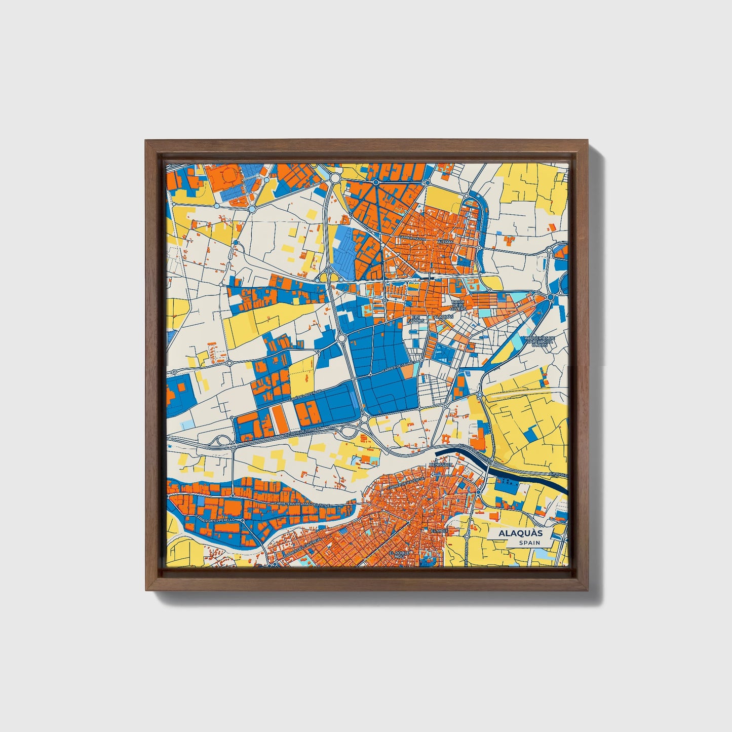 Alaquàs Spain Colorful City Map Canvas Print • Dark Wooden Framed