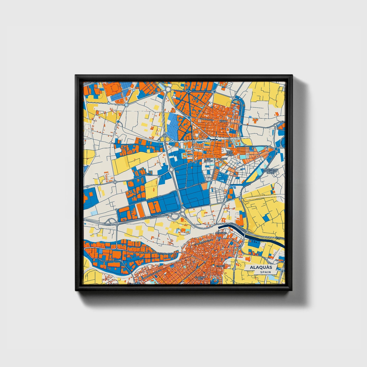 Alaquàs Spain Colorful City Map Canvas Print • Black Framed