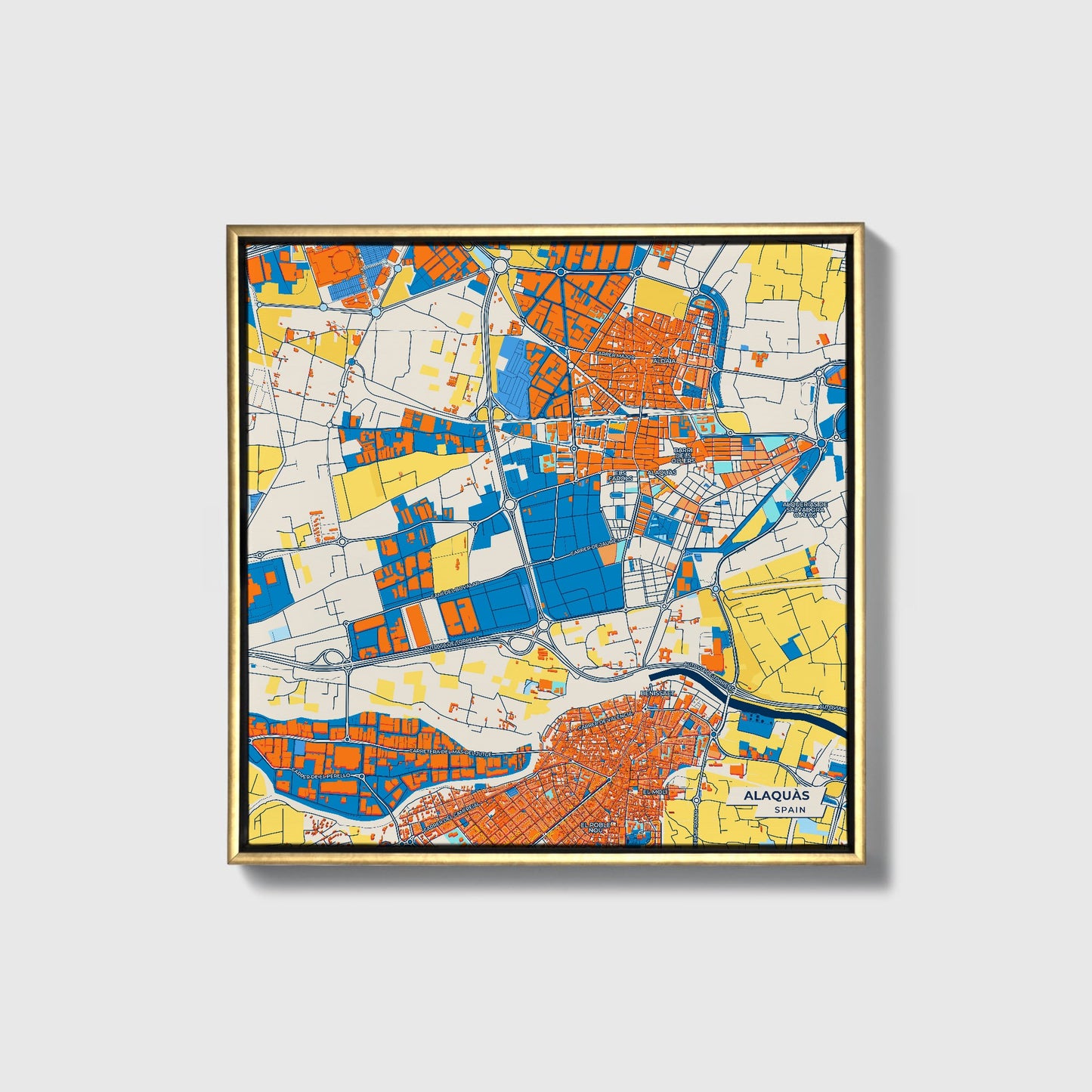 Alaquàs Spain Colorful City Map Canvas Print • Gold Framed