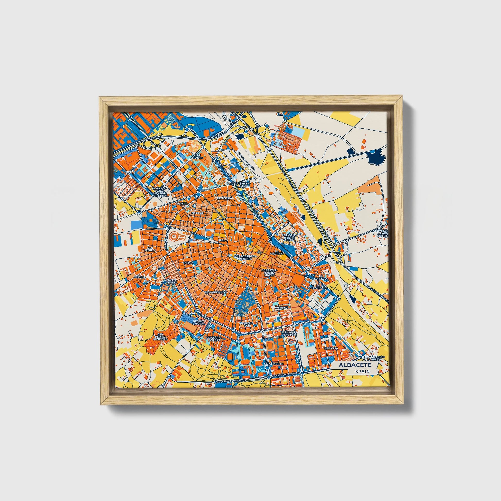Albacete Spain Colorful City Map Canvas Print • Natural Wooden Framed