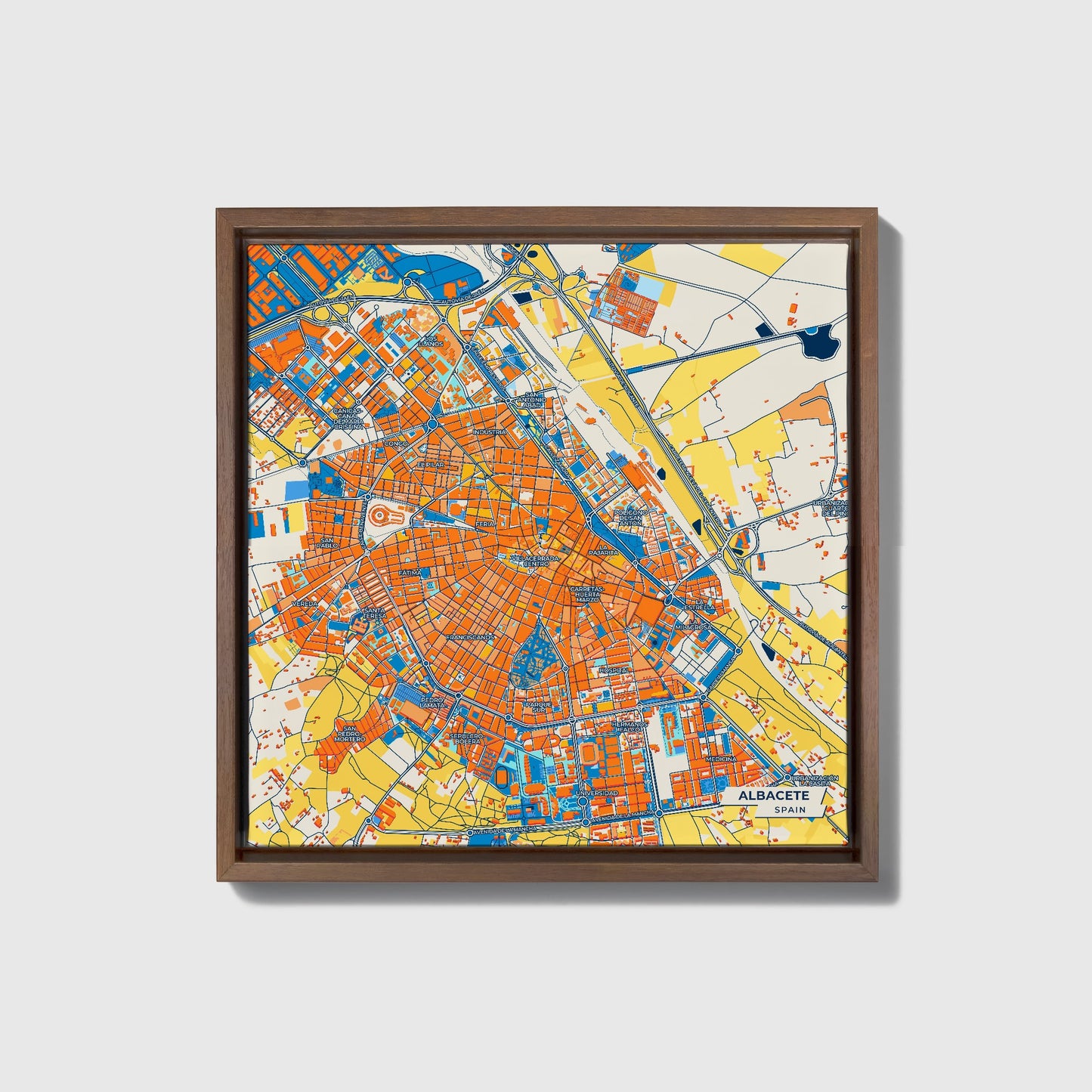 Albacete Spain Colorful City Map Canvas Print • Dark Wooden Framed