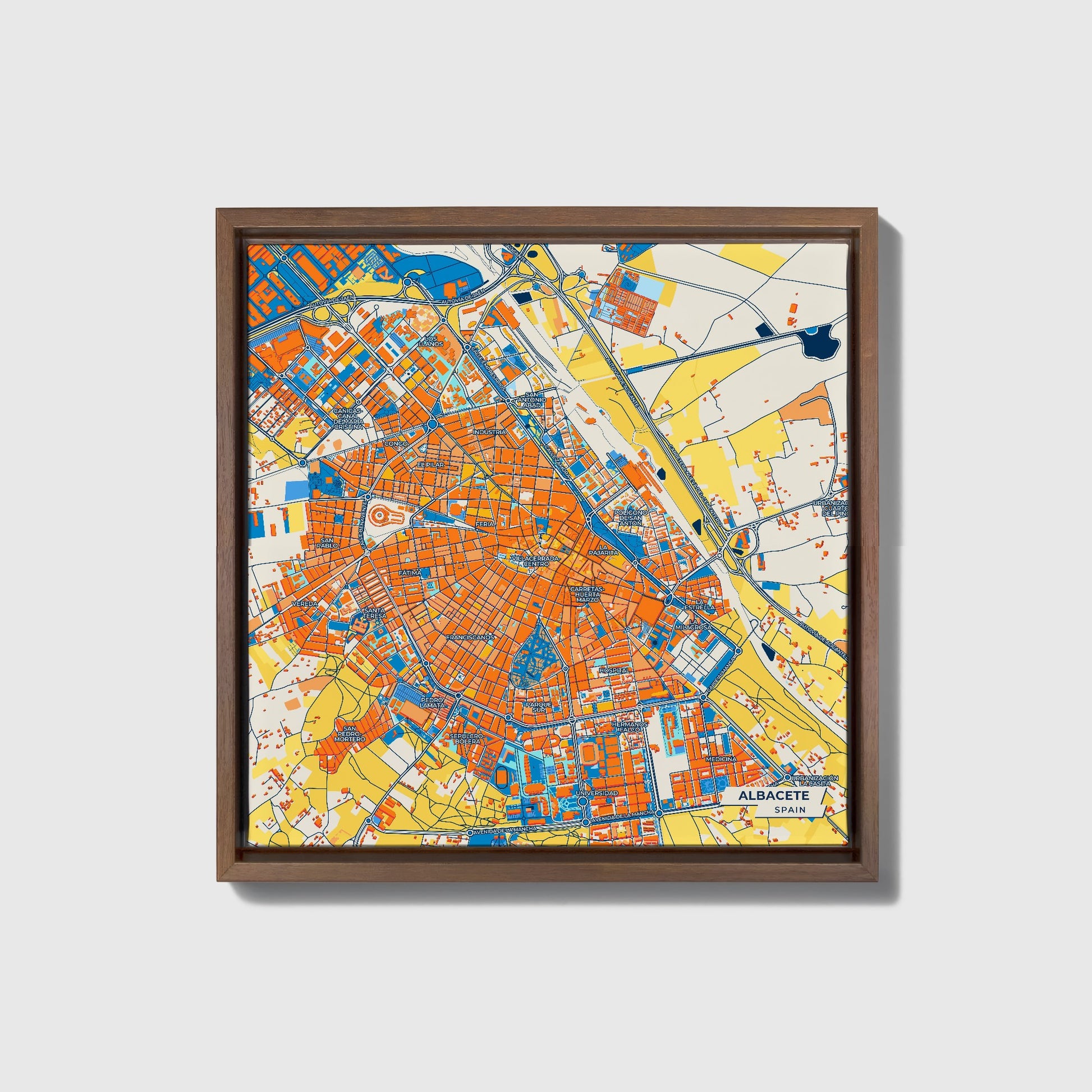 Albacete Spain Colorful City Map Canvas Print • Dark Wooden Framed