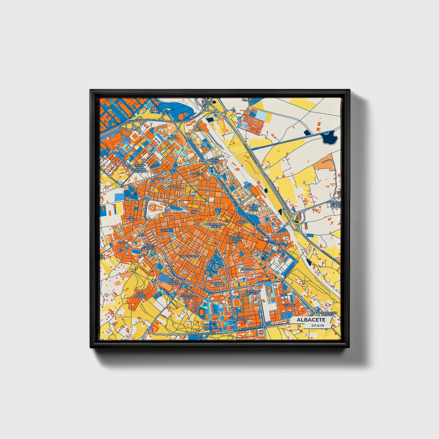Albacete Spain Colorful City Map Canvas Print • Black Framed