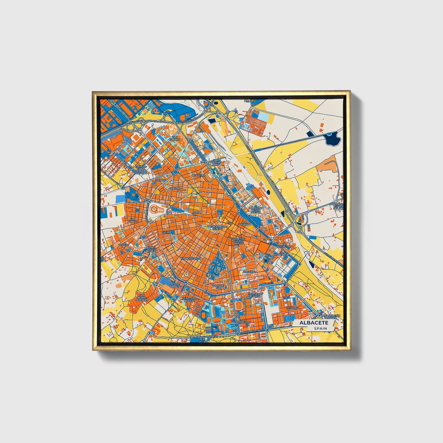 Albacete Spain Colorful City Map Canvas Print • Gold Framed