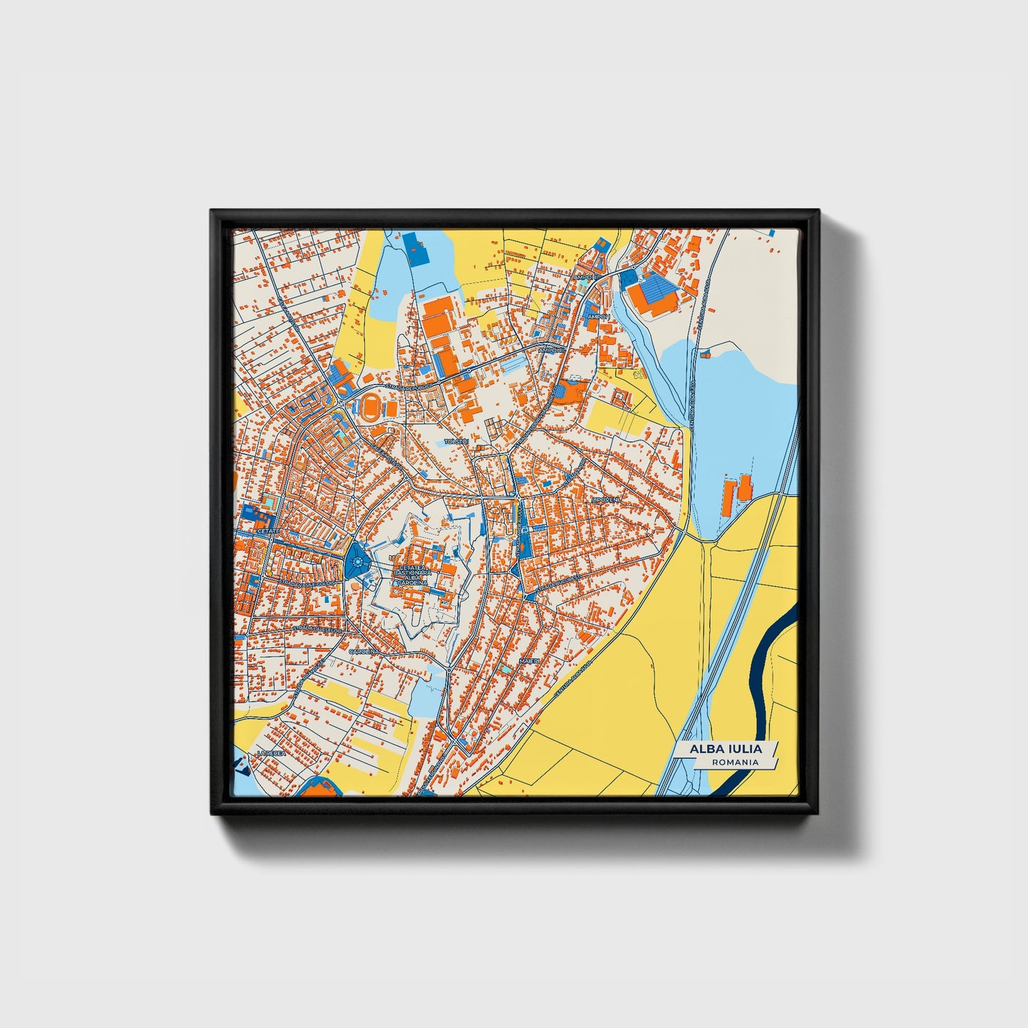 Alba Iulia Romania Colorful City Map Canvas Print • Black Framed