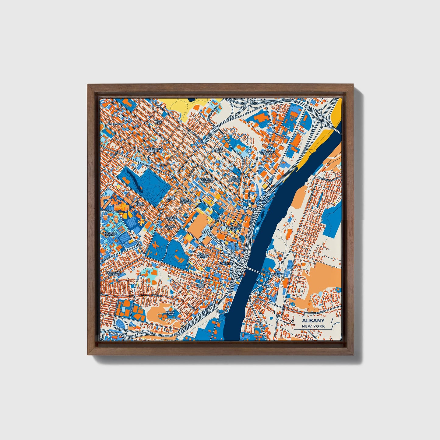 Albany New York Colorful City Map Canvas Print • Dark Wooden Framed