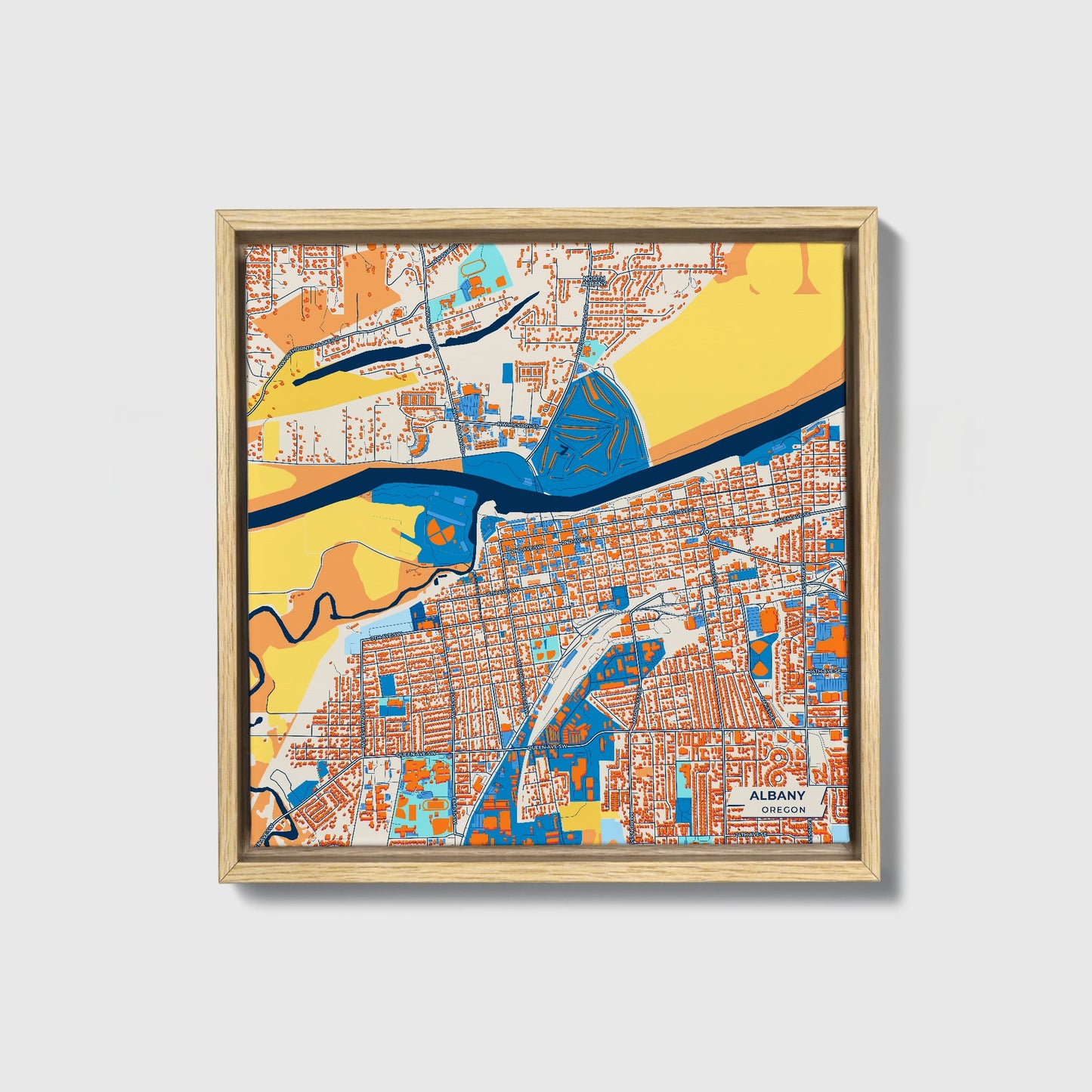 Albany Oregon Colorful City Map Canvas Print • Natural Wooden Framed