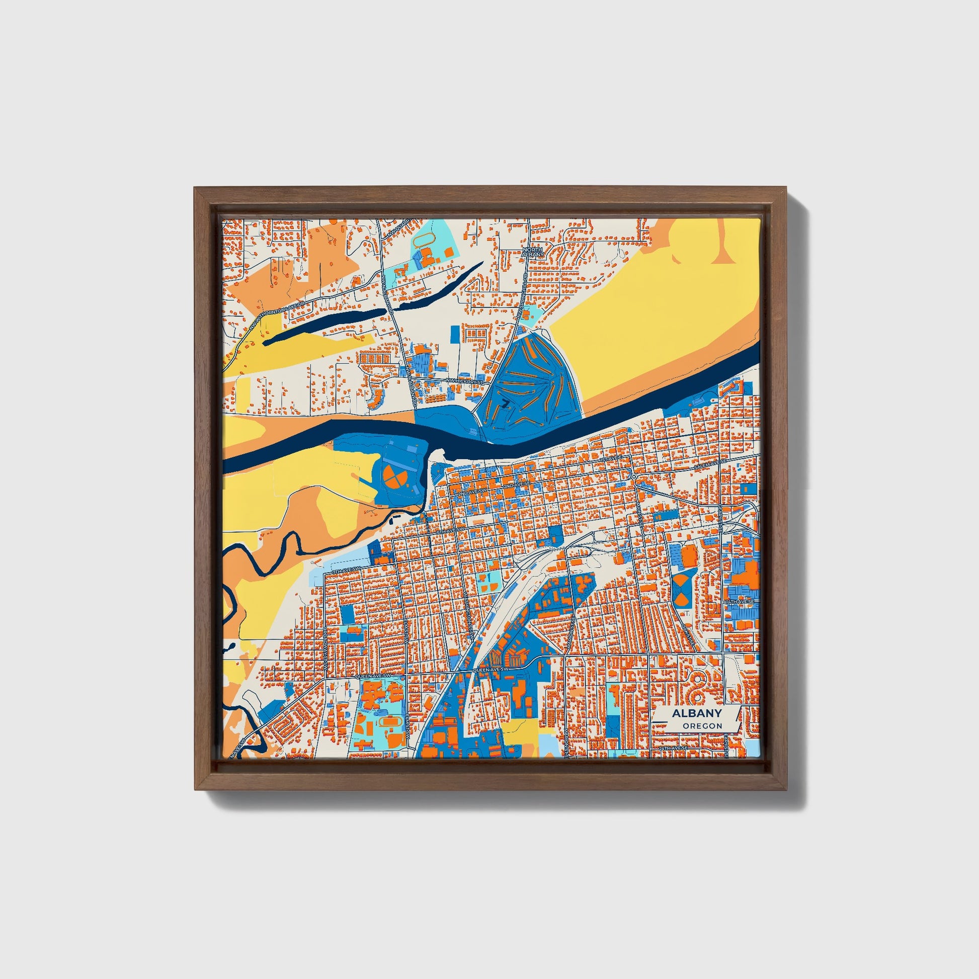 Albany Oregon Colorful City Map Canvas Print • Dark Wooden Framed