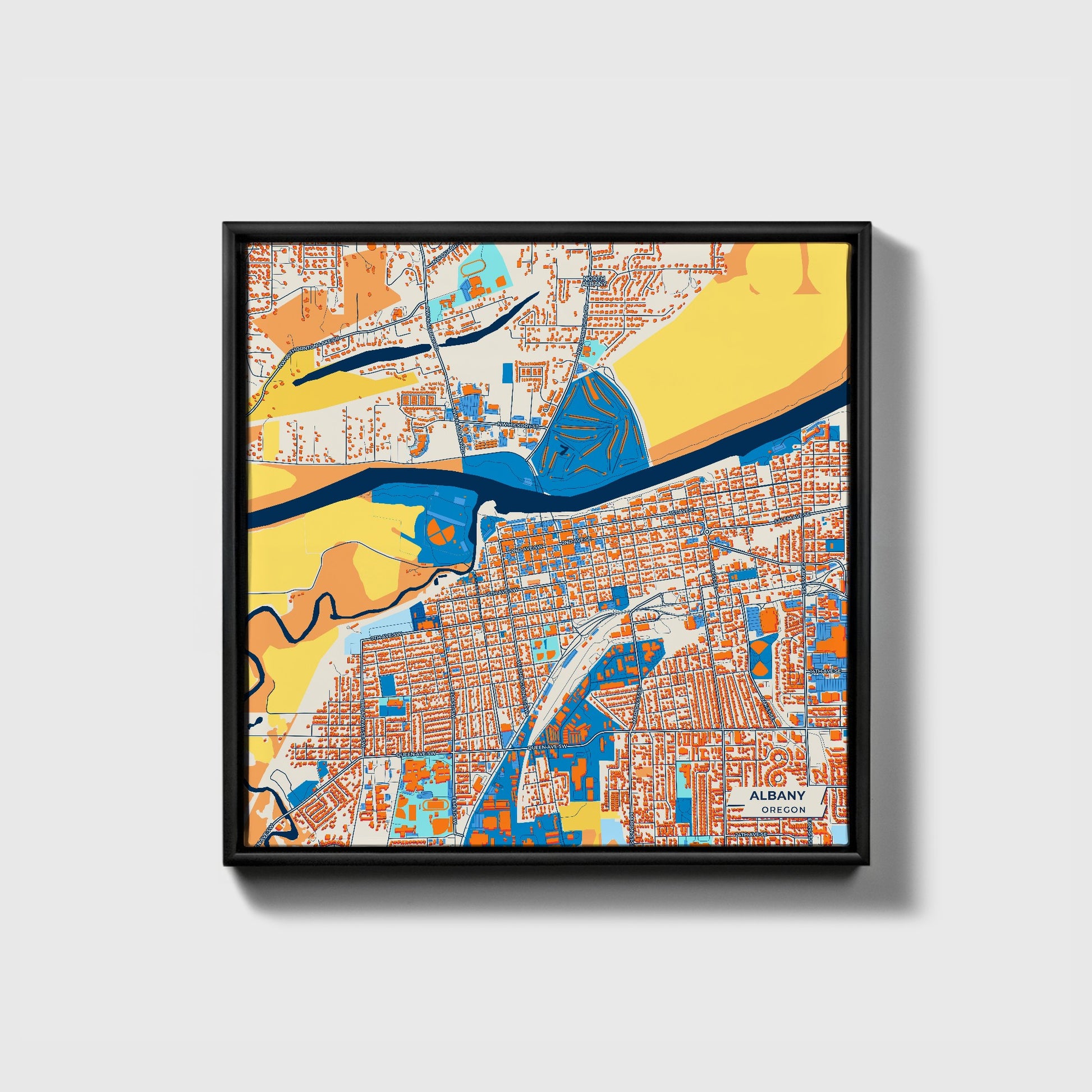 Albany Oregon Colorful City Map Canvas Print • Black Framed