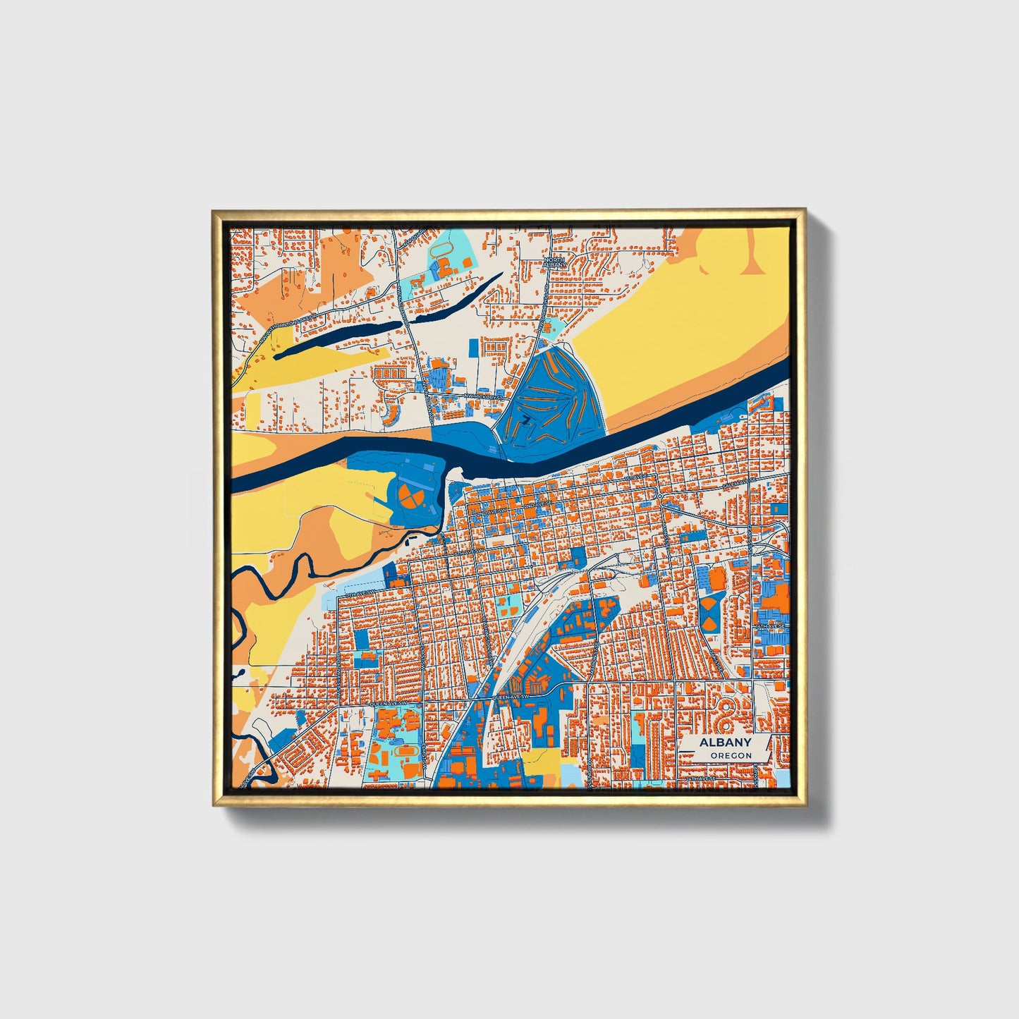 Albany Oregon Colorful City Map Canvas Print • Gold Framed