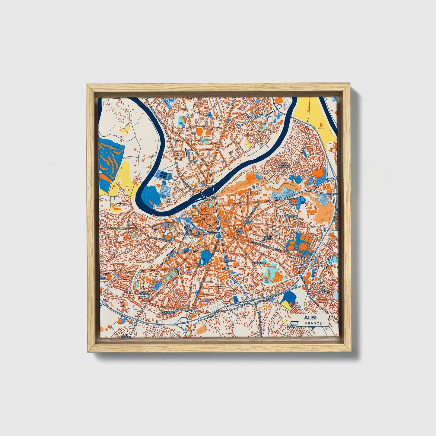 Albi France Colorful City Map Canvas Print • Natural Wooden Framed