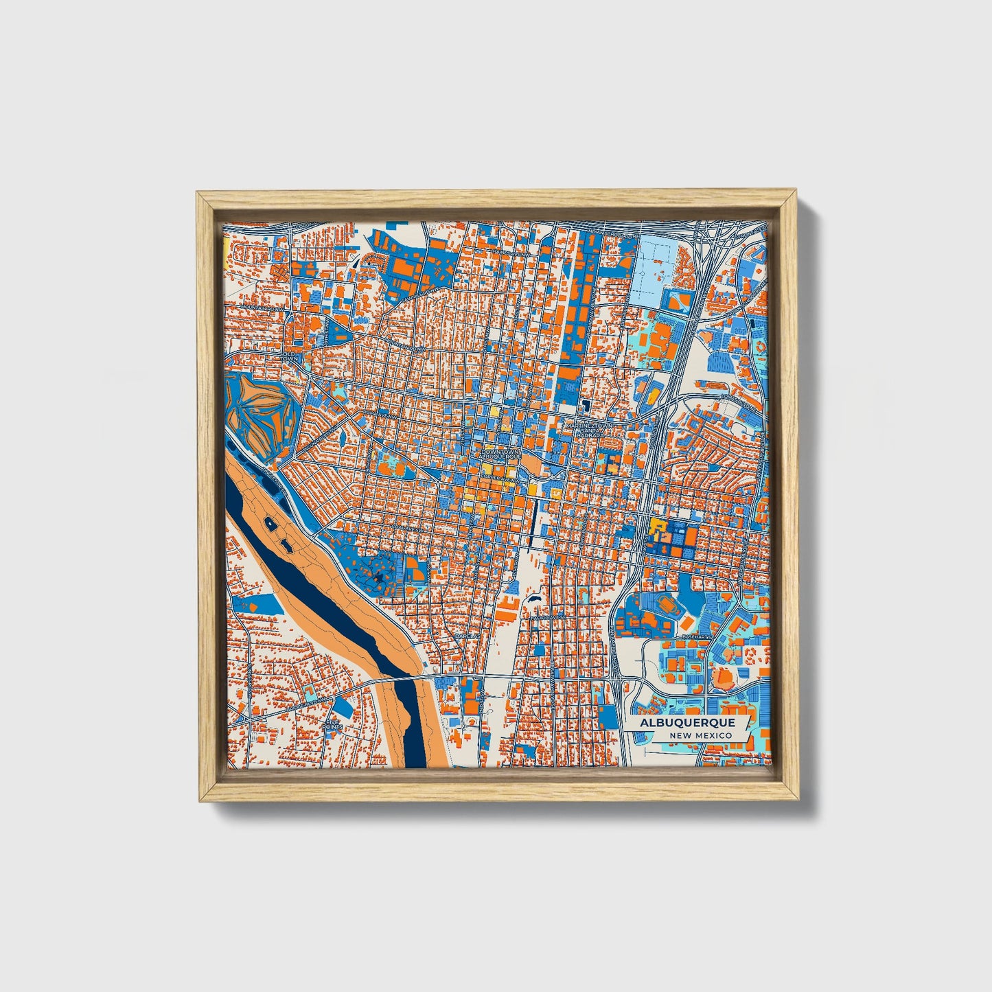 Albuquerque New Mexico Colorful City Map Canvas Print • Natural Wooden Framed