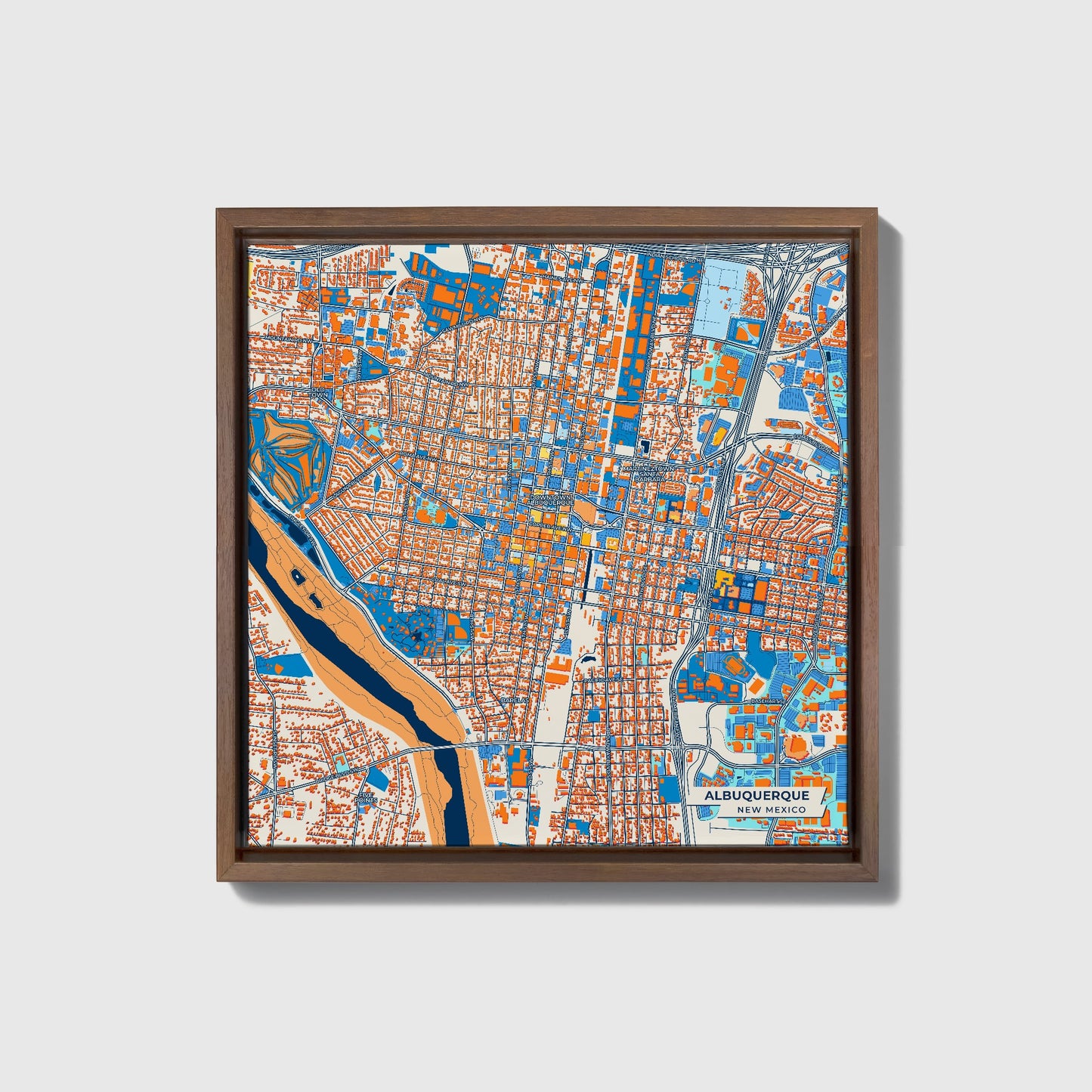Albuquerque New Mexico Colorful City Map Canvas Print • Dark Wooden Framed