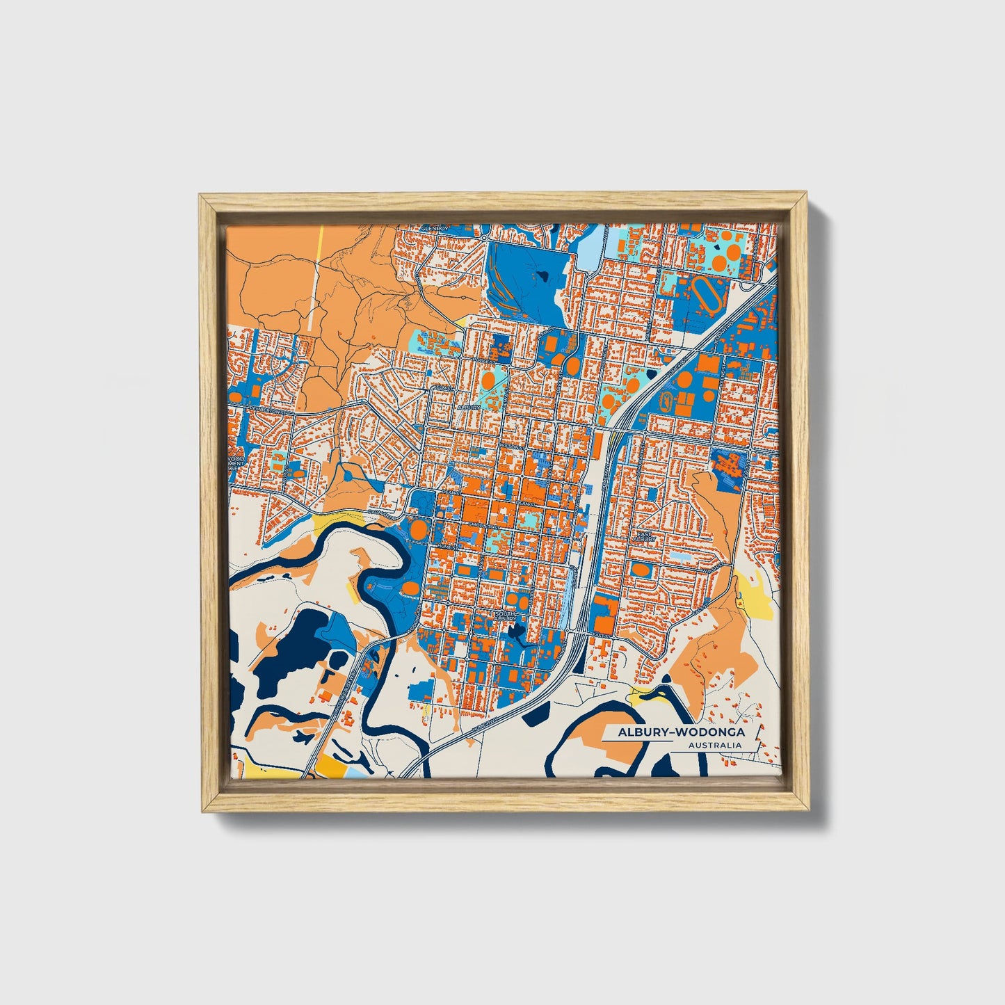Albury–Wodonga Australia Colorful City Map Canvas Print • Natural Wooden Framed