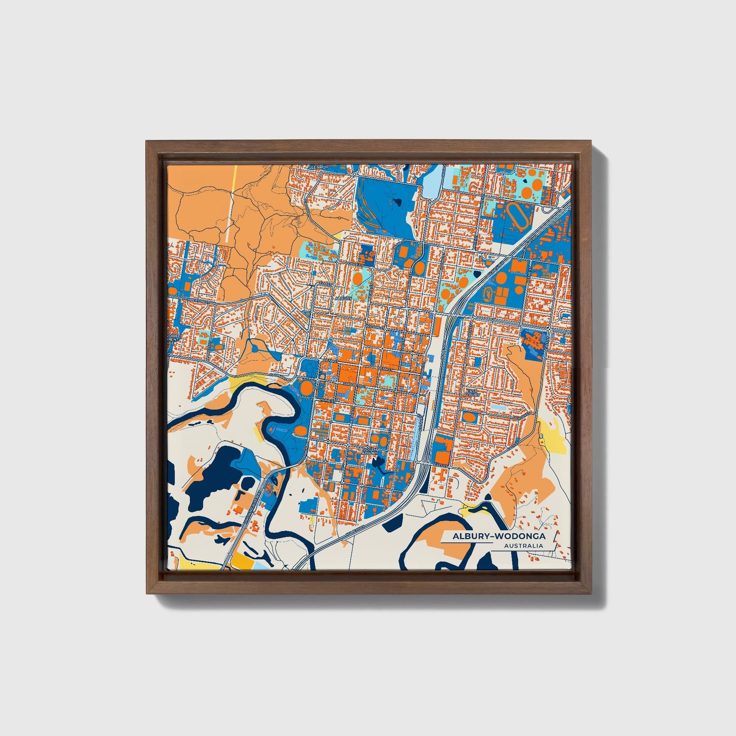Albury–Wodonga Australia Colorful City Map Canvas Print • Dark Wooden Framed
