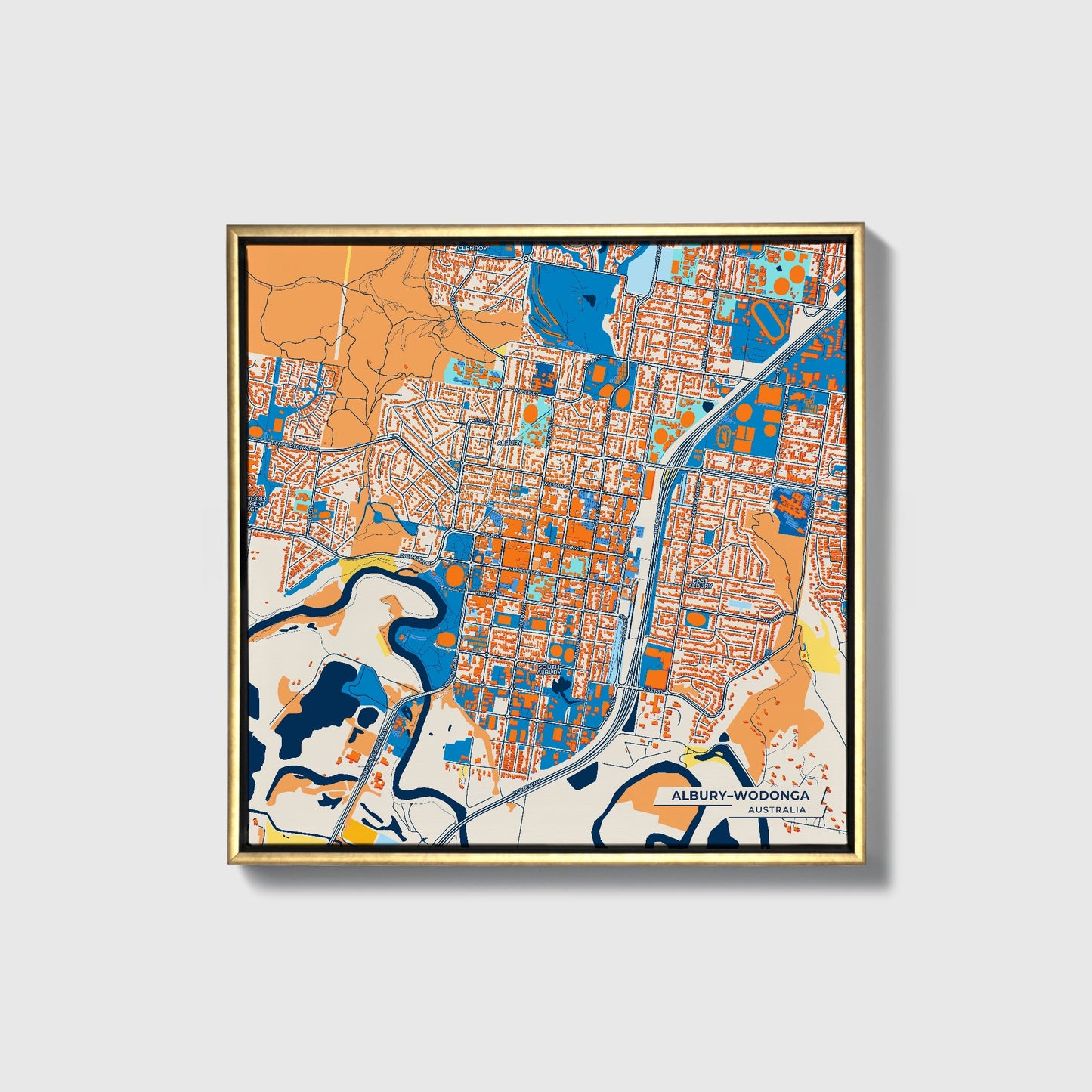 Albury–Wodonga Australia Colorful City Map Canvas Print • Gold Framed