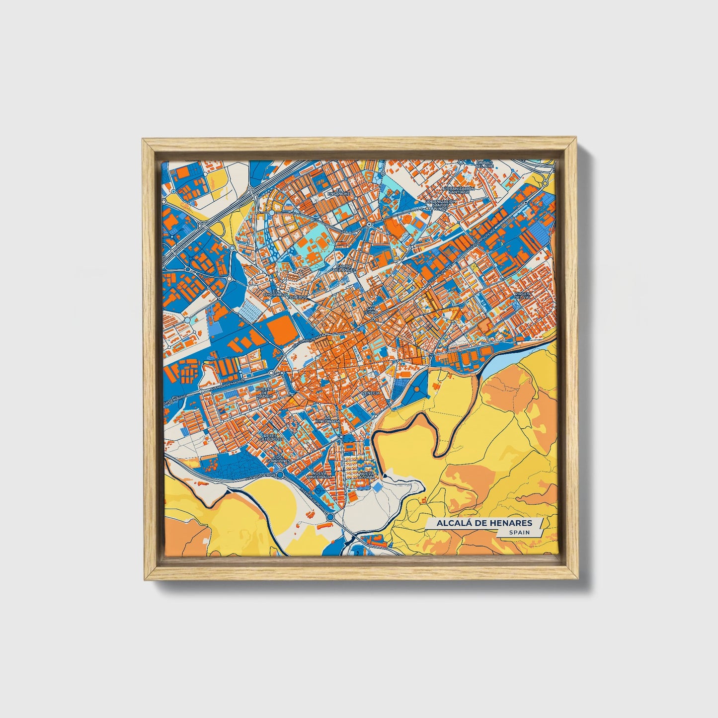 Alcalá De Henares Spain Colorful City Map Canvas Print • Natural Wooden Framed