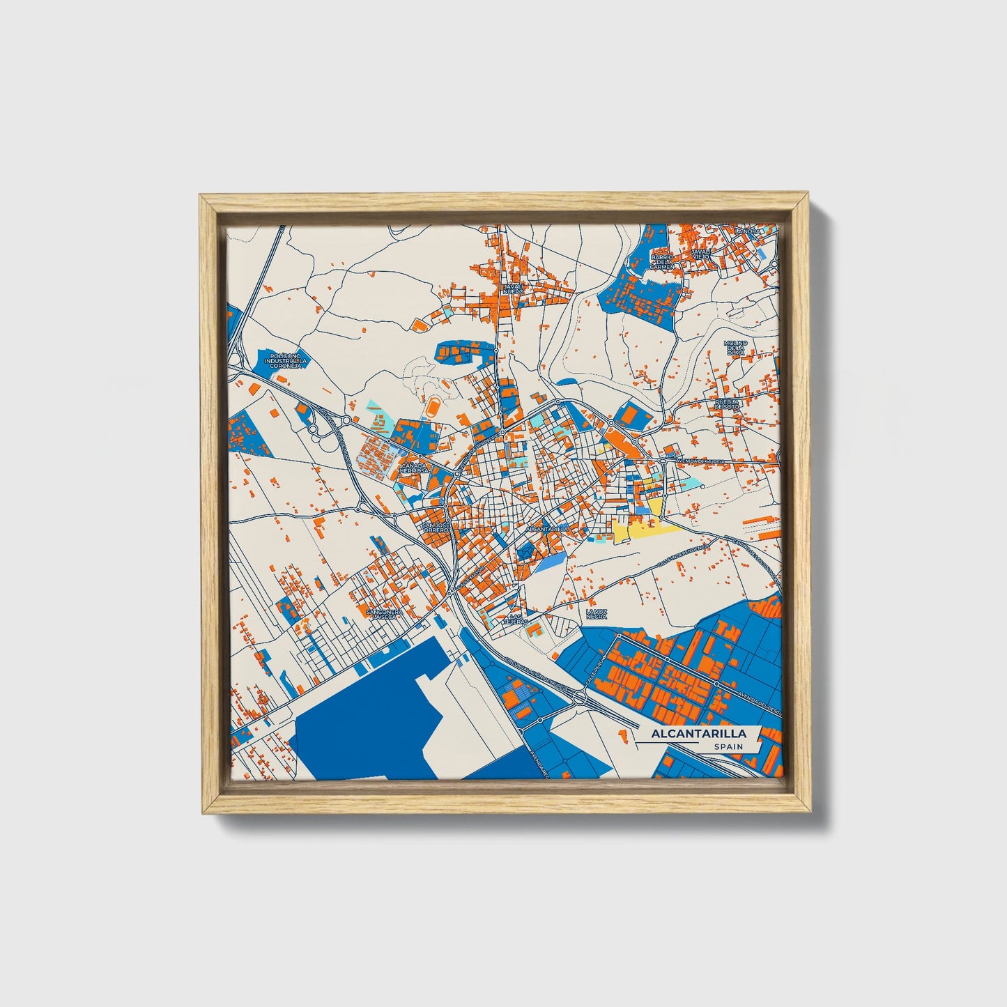 Alcantarilla Spain Colorful City Map Canvas Print • Natural Wooden Framed