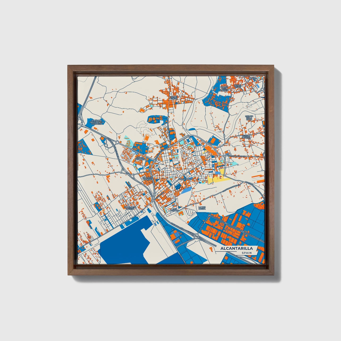 Alcantarilla Spain Colorful City Map Canvas Print • Dark Wooden Framed