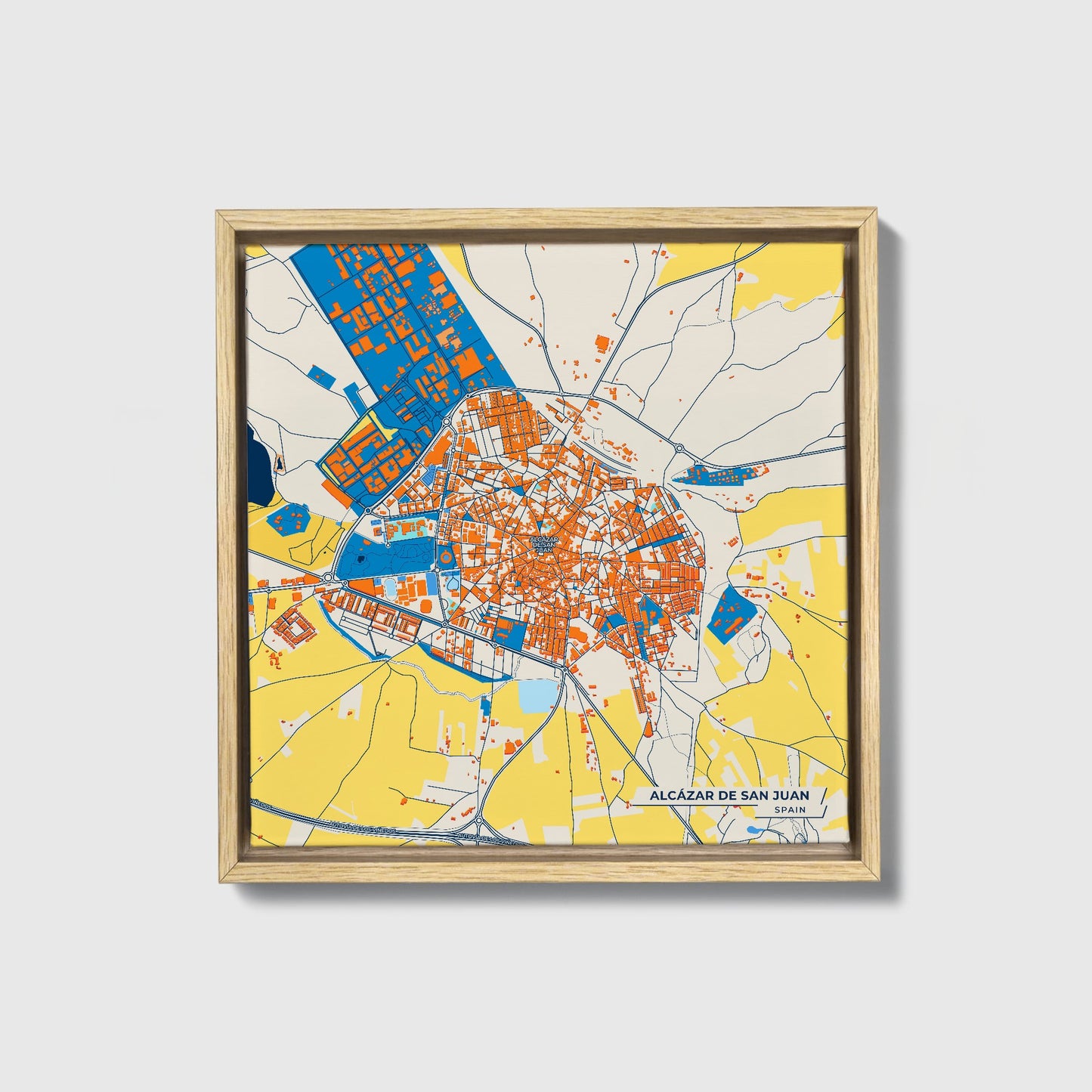 Alcázar De San Juan Spain Colorful City Map Canvas Print • Natural Wooden Framed