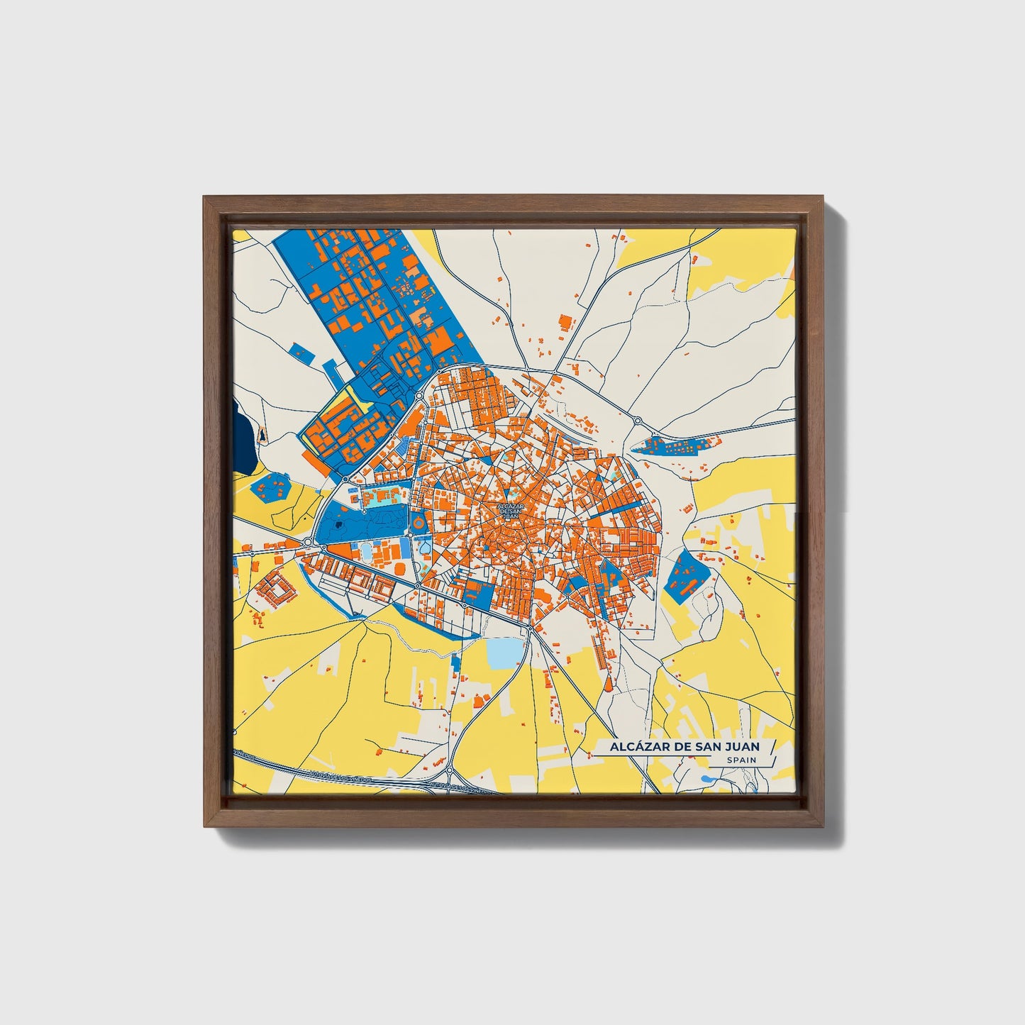 Alcázar De San Juan Spain Colorful City Map Canvas Print • Dark Wooden Framed