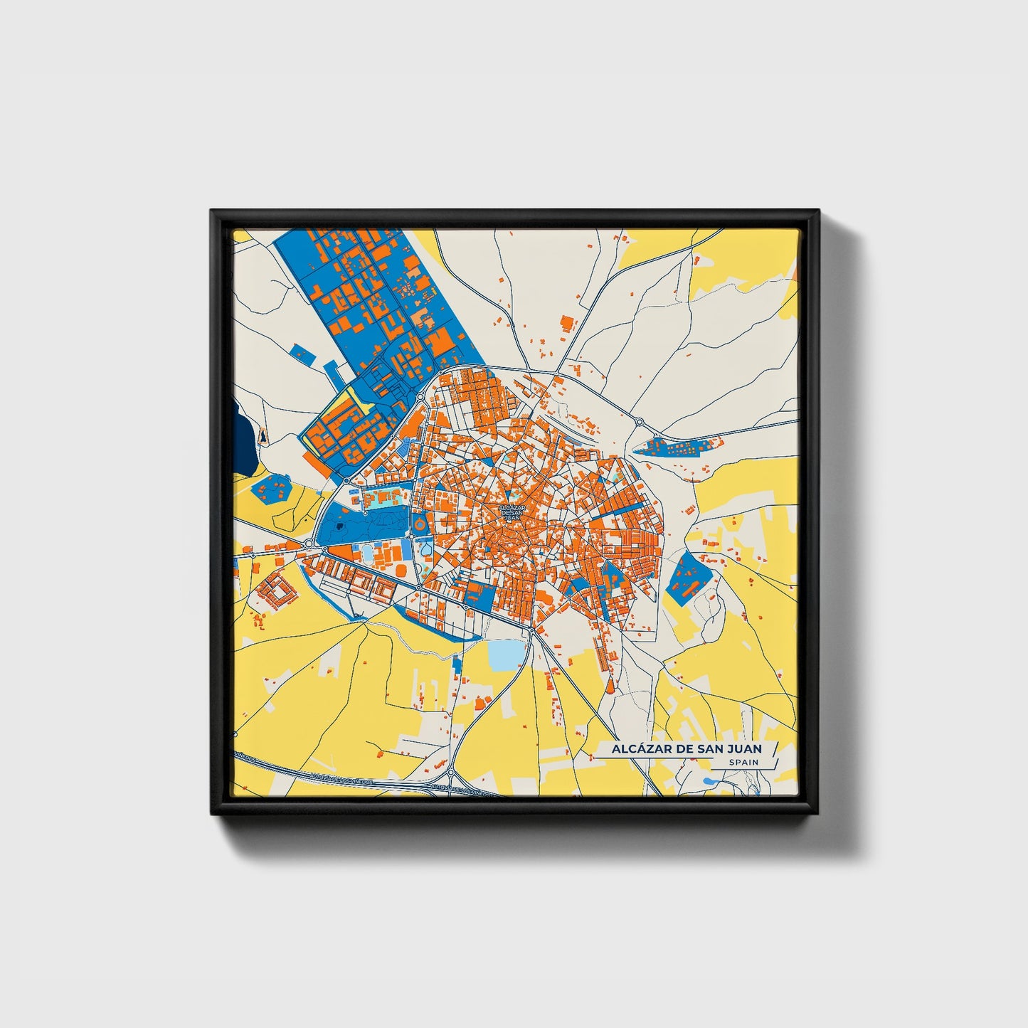 Alcázar De San Juan Spain Colorful City Map Canvas Print • Black Framed